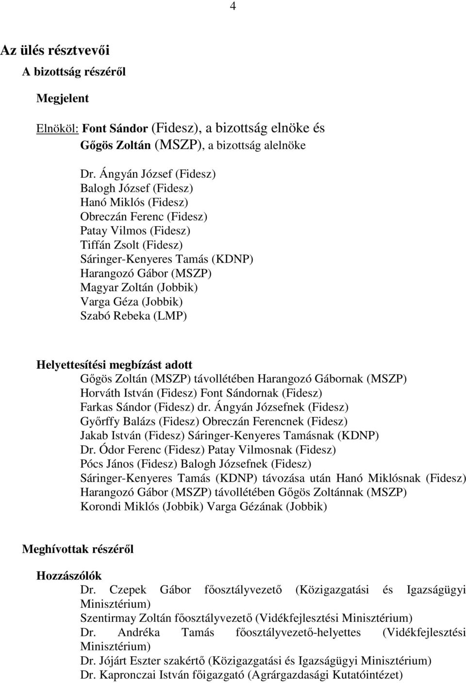 Zoltán (Jobbik) Varga Géza (Jobbik) Szabó Rebeka (LMP) Helyettesítési megbízást adott Gőgös Zoltán (MSZP) távollétében Harangozó Gábornak (MSZP) Horváth István (Fidesz) Font Sándornak (Fidesz) Farkas