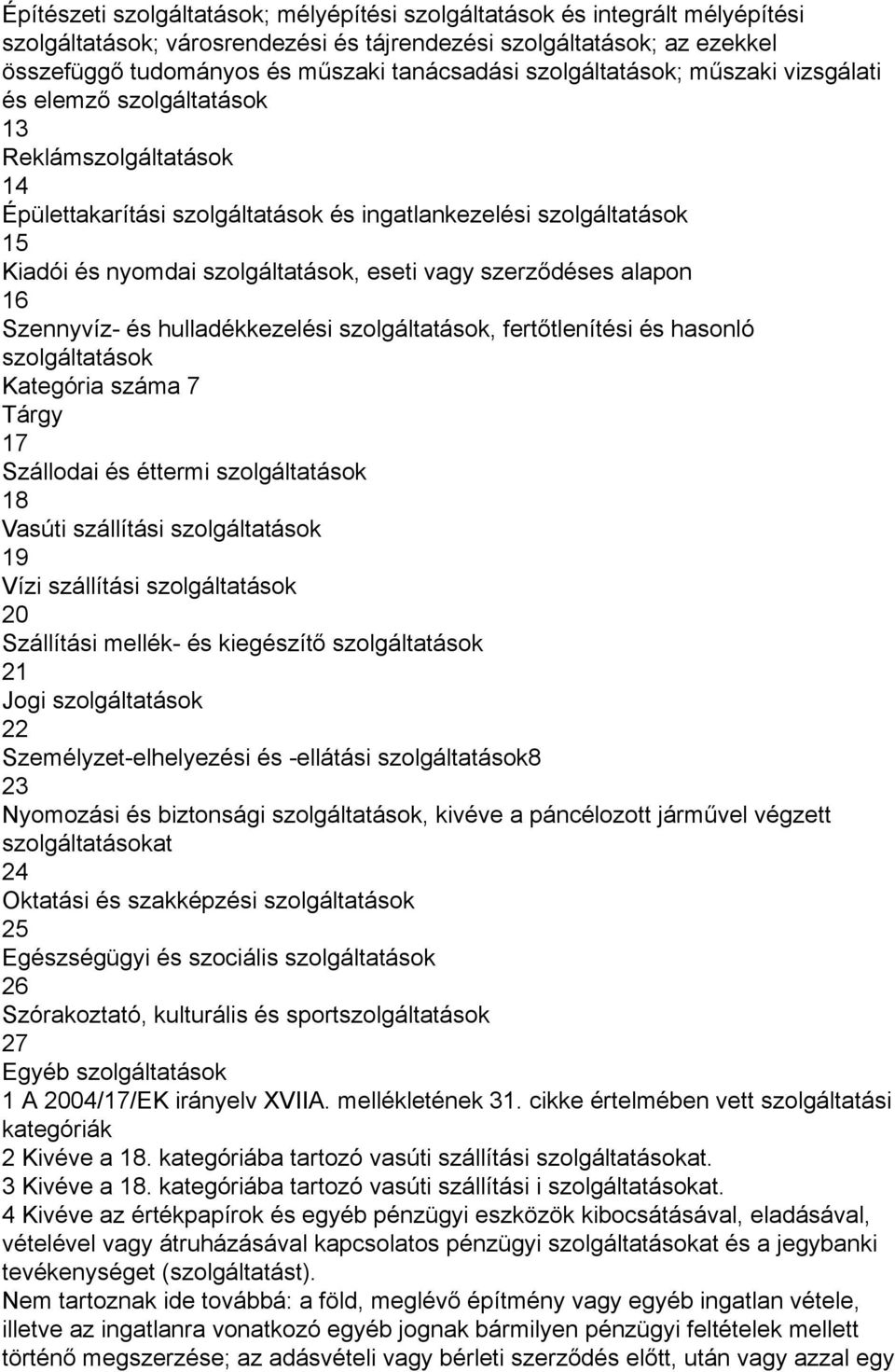 vagy szerződéses alapon 16 Szennyvíz- és hulladékkezelési szolgáltatások fertőtlenítési és hasonló szolgáltatások Kategória száma 7 Tárgy 17 Szállodai és éttermi szolgáltatások 18 Vasúti szállítási