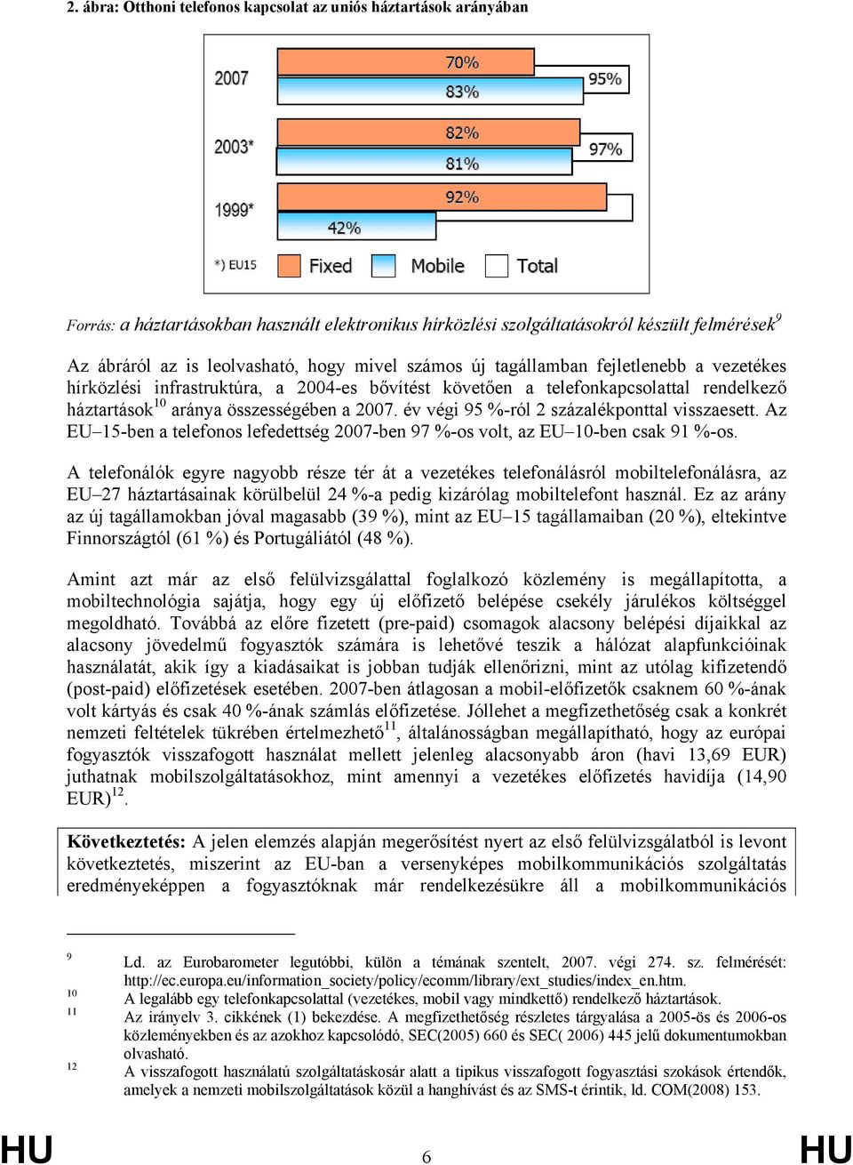 év végi 95 %-ról 2 százalékponttal visszaesett. Az EU 15-ben a telefonos lefedettség 2007-ben 97 %-os volt, az EU 10-ben csak 91 %-os.