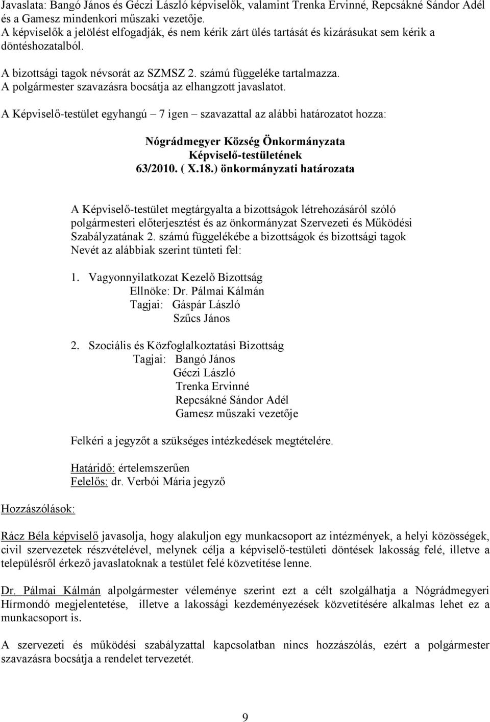 A polgármester szavazásra bocsátja az elhangzott javaslatot. A Képviselő-testület egyhangú 7 igen szavazattal az alábbi határozatot hozza: 63/2010. ( X.18.