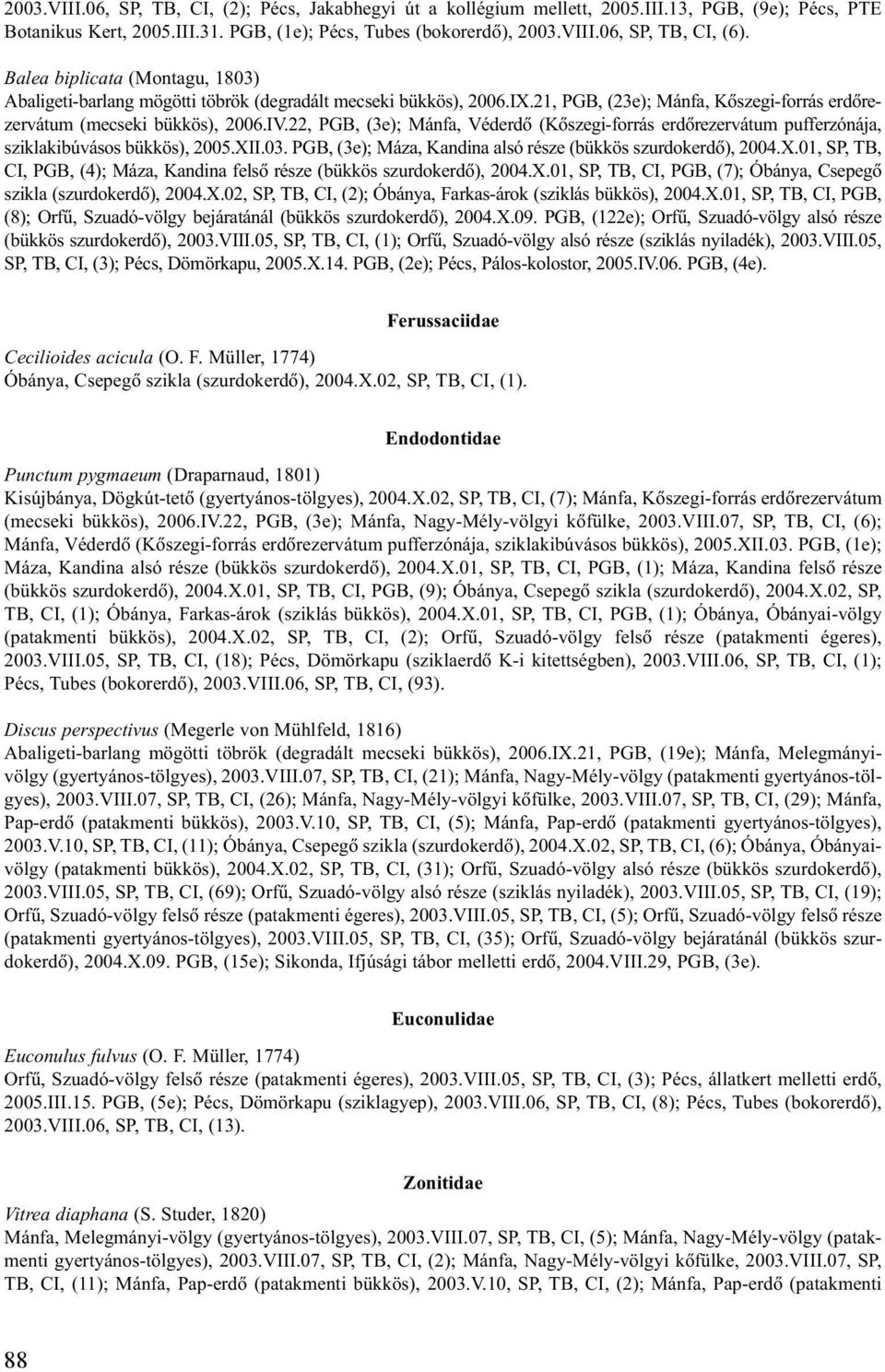 22, PGB, (3e); Mánfa, Véderdõ (Kõszegi-forrás erdõrezervátum pufferzónája, sziklakibúvásos bükkös), 2005.XII.03. PGB, (3e); Máza, Kandina alsó része (bükkös szurdokerdõ), 2004.X.01, SP, TB, CI, PGB, (4); Máza, Kandina felsõ része (bükkös szurdokerdõ), 2004.