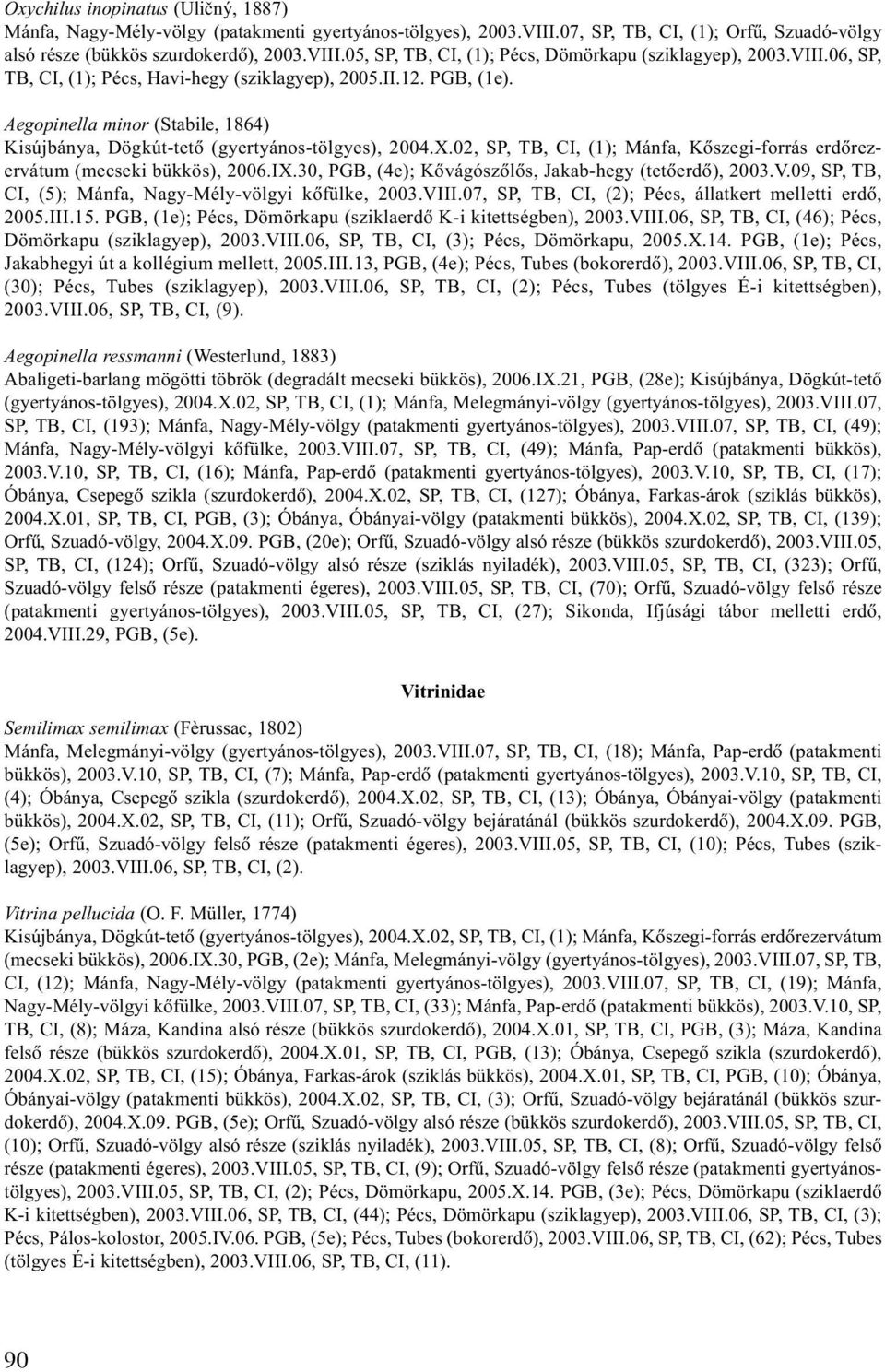 02, SP, TB, CI, (1); Mánfa, Kõszegi-forrás erdõrezervátum (mecseki bükkös), 2006.IX.30, PGB, (4e); Kõvágószõlõs, Jakab-hegy (tetõerdõ), 2003.V.