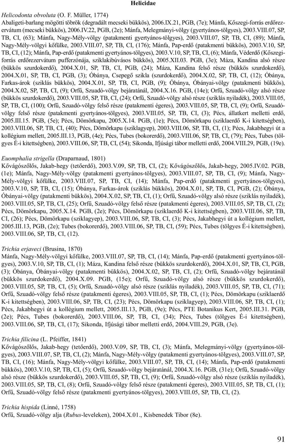 VIII.07, SP, TB, CI, (176); Mánfa, Pap-erdõ (patakmenti bükkös), 2003.V.10, SP, TB, CI, (12); Mánfa, Pap-erdõ (patakmenti gyertyános-tölgyes), 2003.V.10, SP, TB, CI, (6); Mánfa, Véderdõ (Kõszegiforrás erdõrezervátum pufferzónája, sziklakibúvásos bükkös), 2005.