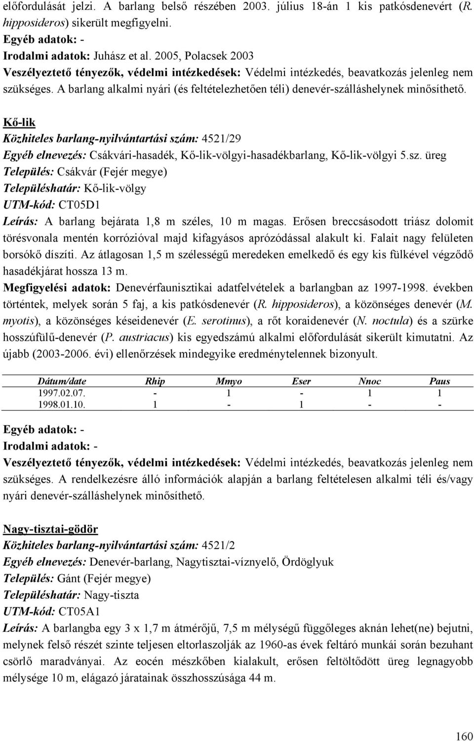 A barlang alkalmi nyári (és feltételezhetően téli) denevér-szálláshelynek minősíthető.