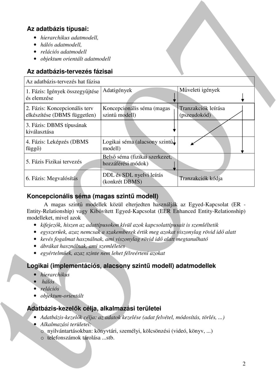 Fázis: Megvalósítás Adatigények Koncepcionális séma (magas szintű modell) Logikai séma (alacsony szintű modell) Belső séma (fizikai szerkezet, hozzáférési módok) DDL és SDL nyelvi leírás (konkrét
