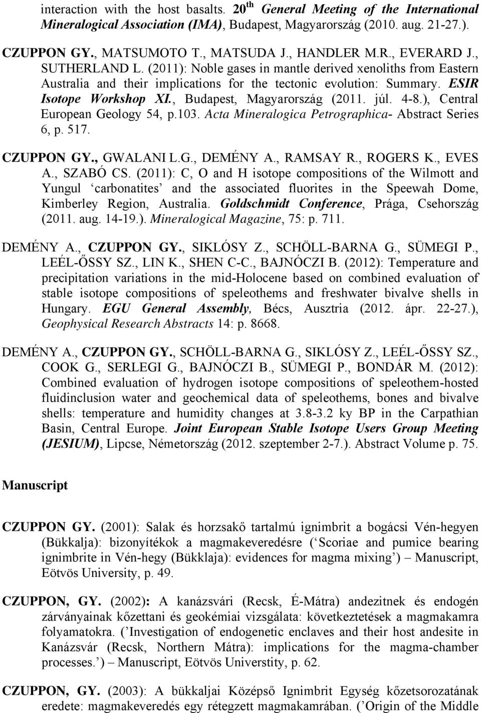 , Budapest, Magyarország (2011. júl. 4-8.), Central European Geology 54, p.103. Acta Mineralogica Petrographica- Abstract Series 6, p. 517. CZUPPON GY., GWALANI L.G., DEMÉNY A., RAMSAY R., ROGERS K.