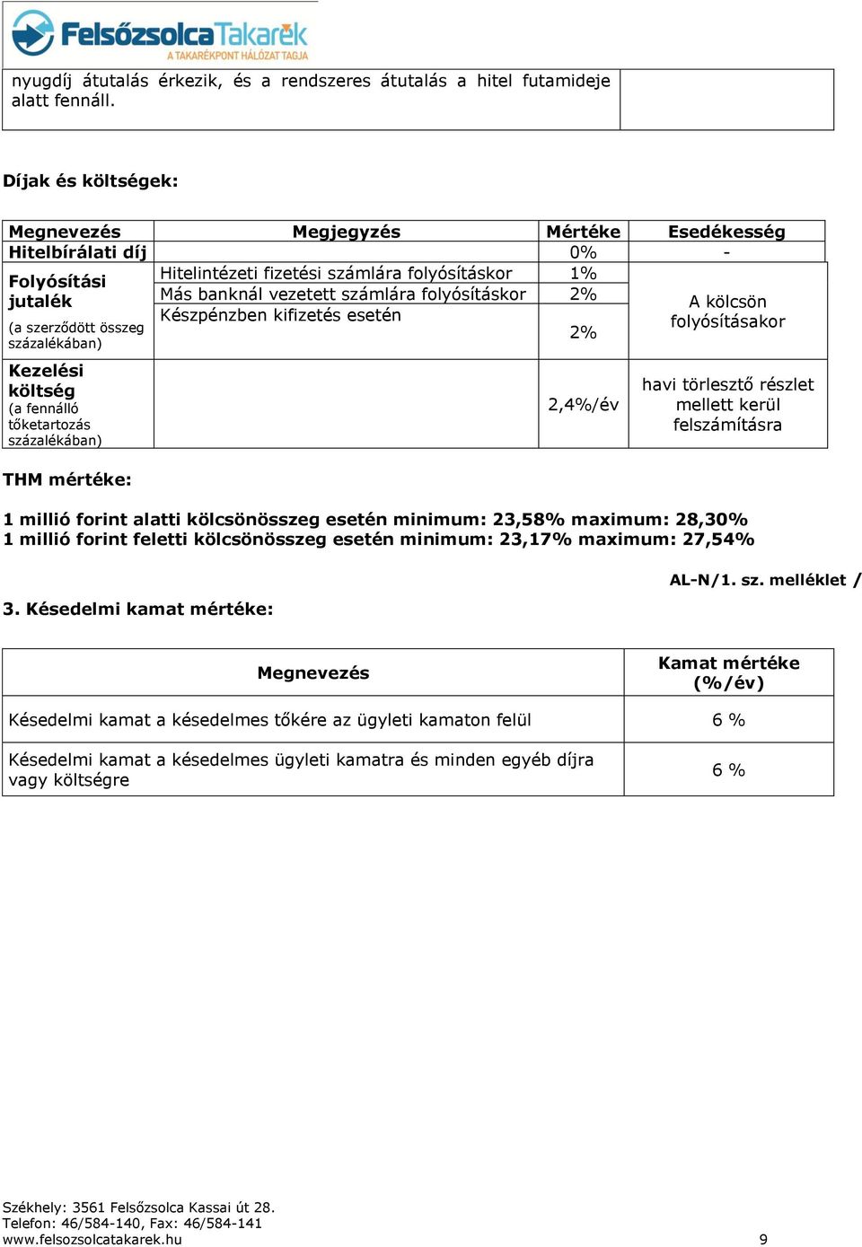 költség (a fennálló tőketartozás százalékában) THM mértéke: Más banknál vezetett számlára folyósításkor 2% Készpénzben kifizetés esetén 2% 2,4%/év A kölcsön folyósításakor havi törlesztő részlet