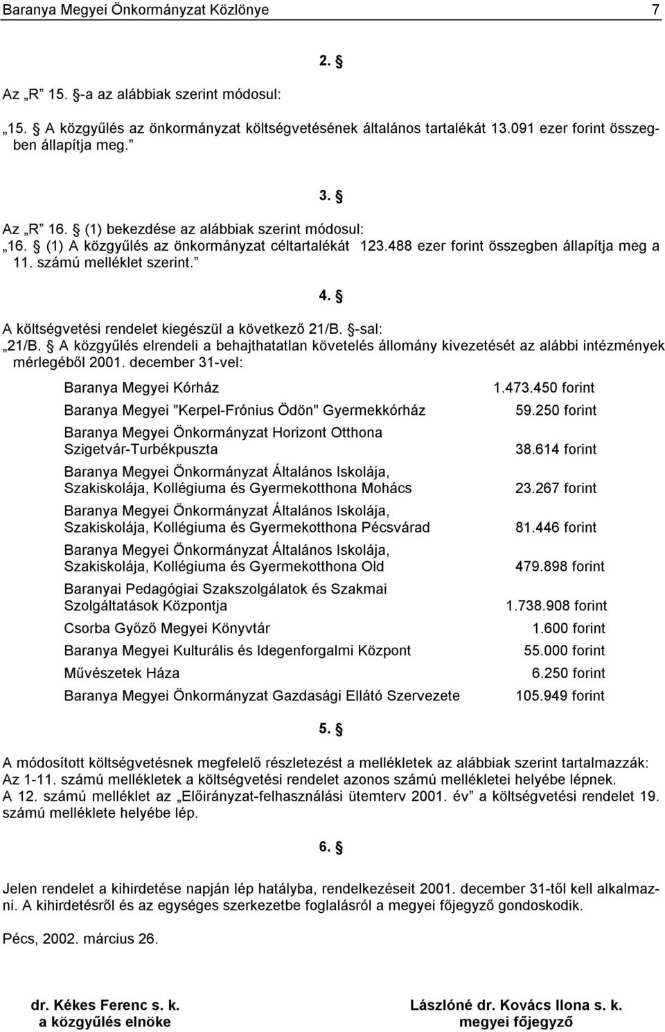 A költségvetési rendelet kiegészül a következő 21/B. -sal: 21/B. A közgyűlés elrendeli a behajthatatlan követelés állomány kivezetését az alábbi intézmények mérlegéből 2001.