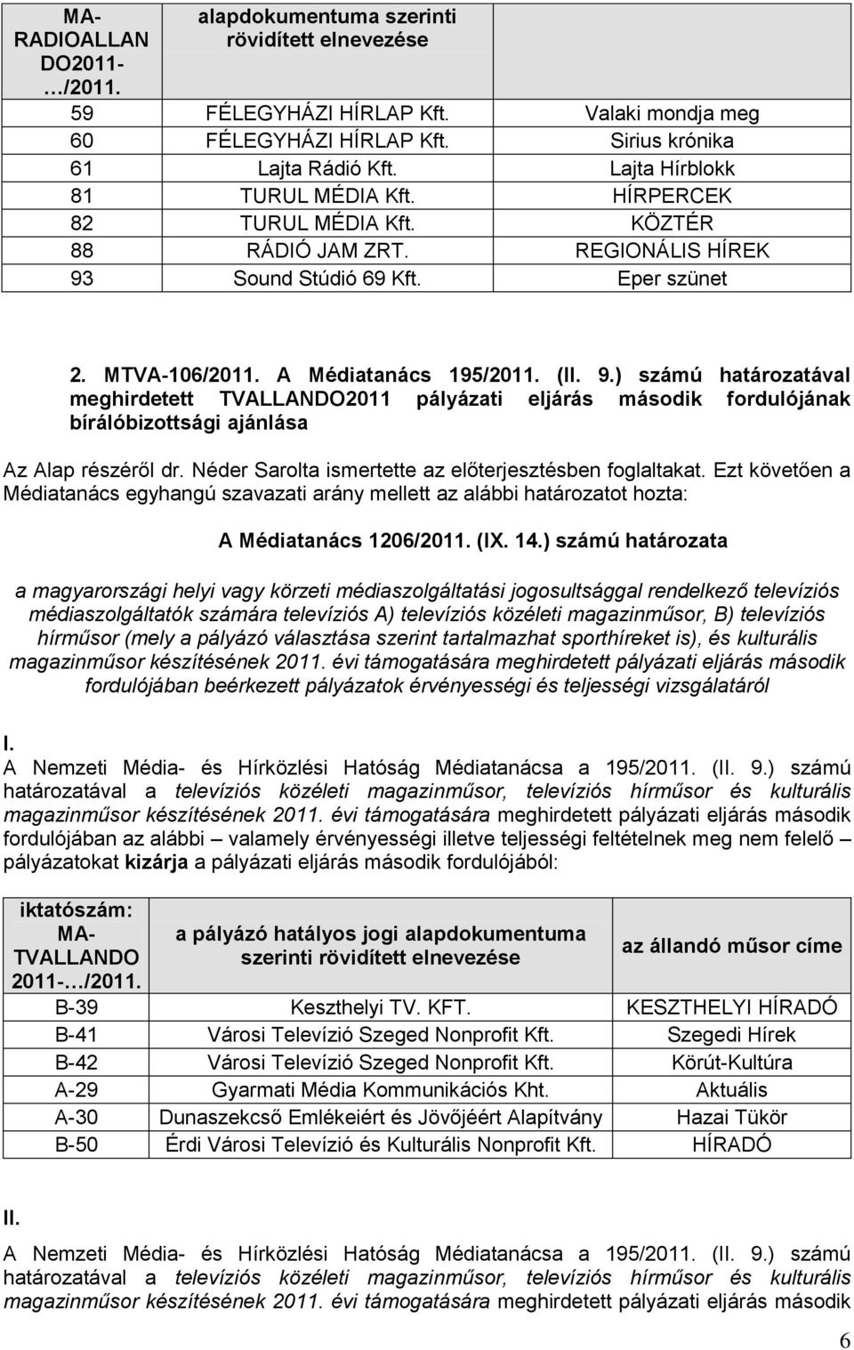 Sound Stúdió 69 Kft. Eper szünet 2. MTVA-106/2011. A Médiatanács 195/2011. (II. 9.