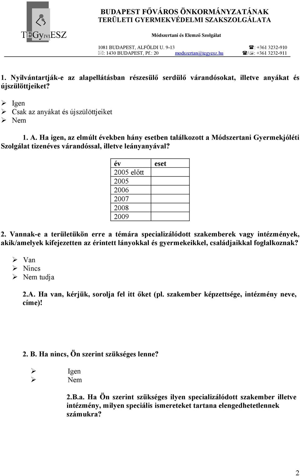 Vannak-e a területükön erre a témára specializálódott szakemberek vagy intézmények, akik/amelyek kifejezetten az érintett lányokkal és gyermekeikkel, családjaikkal foglalkoznak? Van Nincs Nem tudja 2.