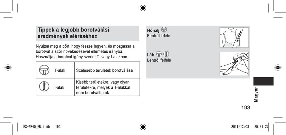 Hónalj Fentről lefelé Láb Lentről felfelé T-alak I-alak Szélesebb területek borotválása Kisebb