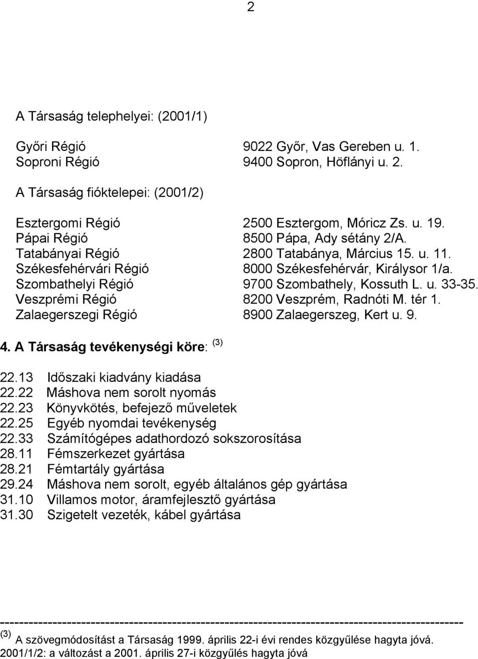 Veszprémi Régió 8200 Veszprém, Radnóti M. tér 1. Zalaegerszegi Régió 8900 Zalaegerszeg, Kert u. 9. 4. A Társaság tevékenységi köre: (3) 22.13 Időszaki kiadvány kiadása 22.