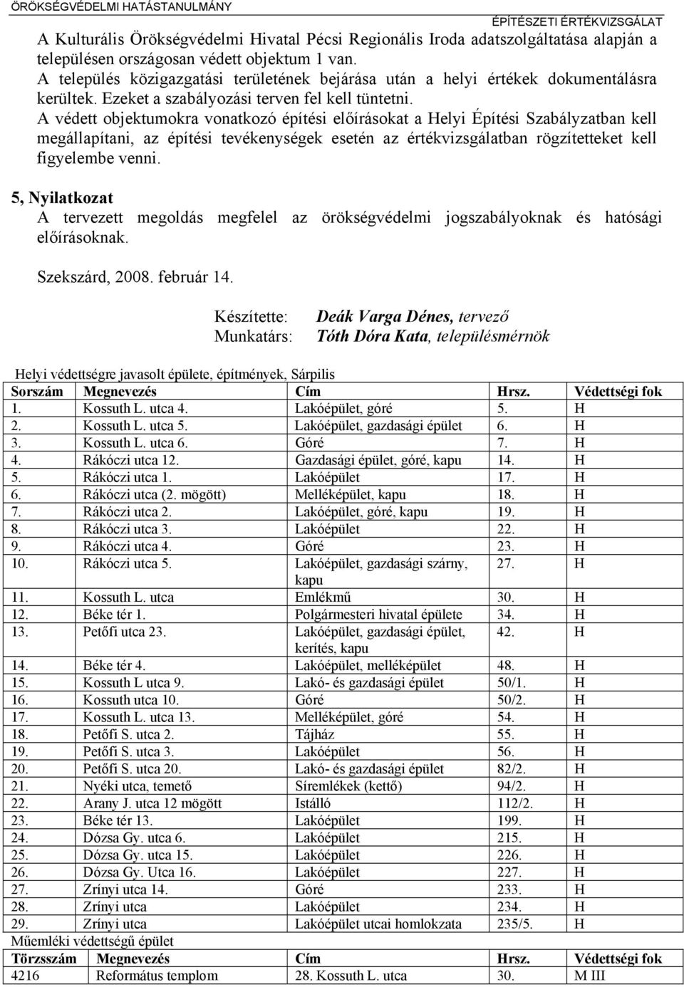 A védett objektumokra vonatkozó építési előírásokat a Helyi Építési Szabályzatban kell megállapítani, az építési tevékenységek esetén az értékvizsgálatban rögzítetteket kell figyelembe venni.