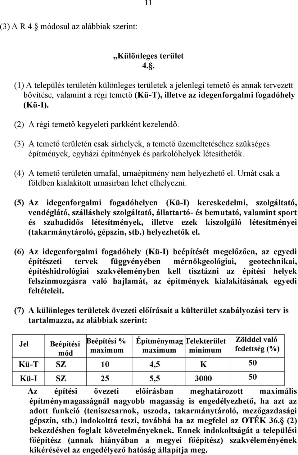 (2) A régi temető kegyeleti parkként kezelendő. (3) A temető területén csak sírhelyek, a temető üzemeltetéséhez szükséges építmények, egyházi építmények és parkolóhelyek létesíthetők.