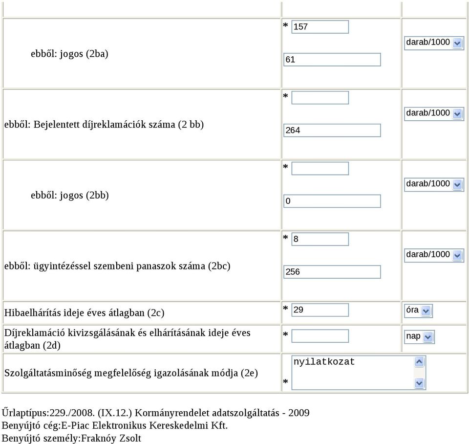 elhárításának ideje éves átlagban (2d) Szolgáltatásminőség megfelelőség igazolásának módja (2e) nap nyilatkozat