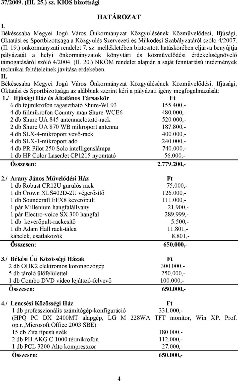 Oktatási és Sportbizottsága az alábbiak szerint kéri a pályázati igény megfogalmazását: 1./ Ifjúsági Ház és Általános Társaskör Ft 6 db fejmikrofon ragasztható Shure-WL93 155.