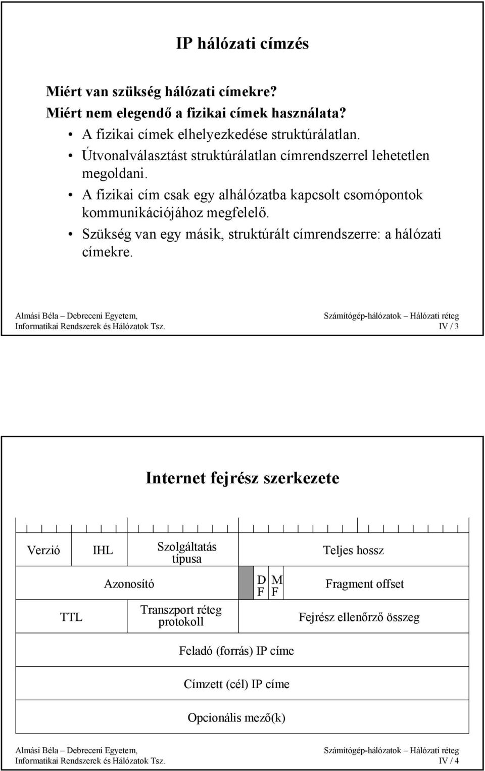 A fizikai cím csak egy alhálózatba kapcsolt csomópontok kommunikációjához megfelelő. Szükség van egy másik, struktúrált címrendszerre: a hálózati címekre.