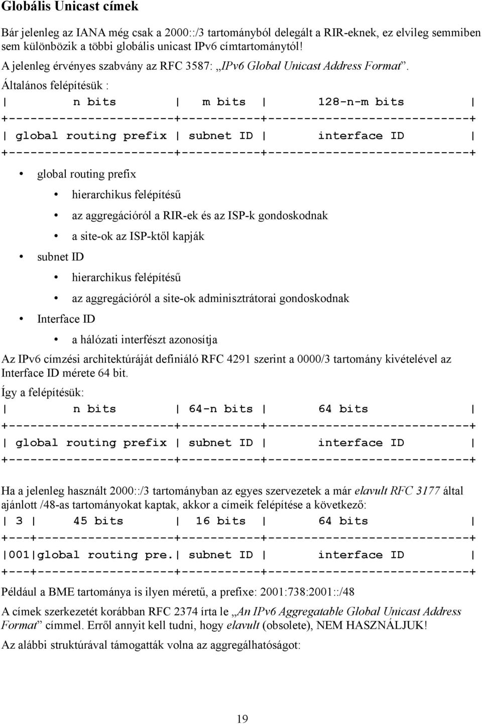 Általános felépítésük : n bits m bits 128-n-m bits +-----------------------+-----------+----------------------------+ global routing prefix subnet ID interface ID