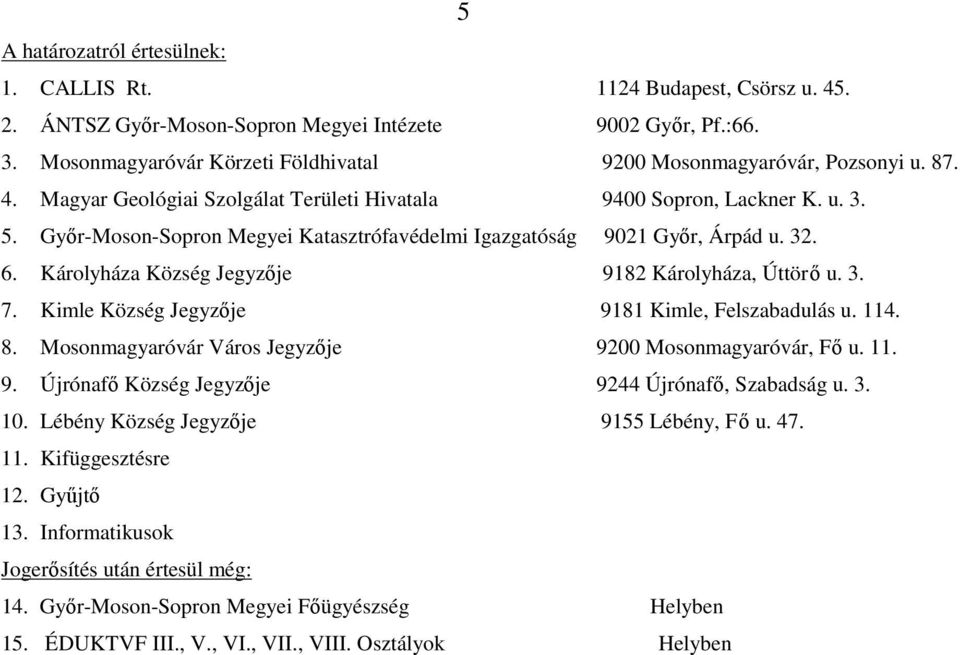 Gyÿr-Moson-Sopron Megyei Katasztrófavédelmi Igazgatóság 9021 Gyÿr, Árpád u. 32. 6. Károlyháza Község Jegyzÿje 9182 Károlyháza, Úttörÿ u. 3. 7. Kimle Község Jegyzÿje 9181 Kimle, Felszabadulás u. 114.