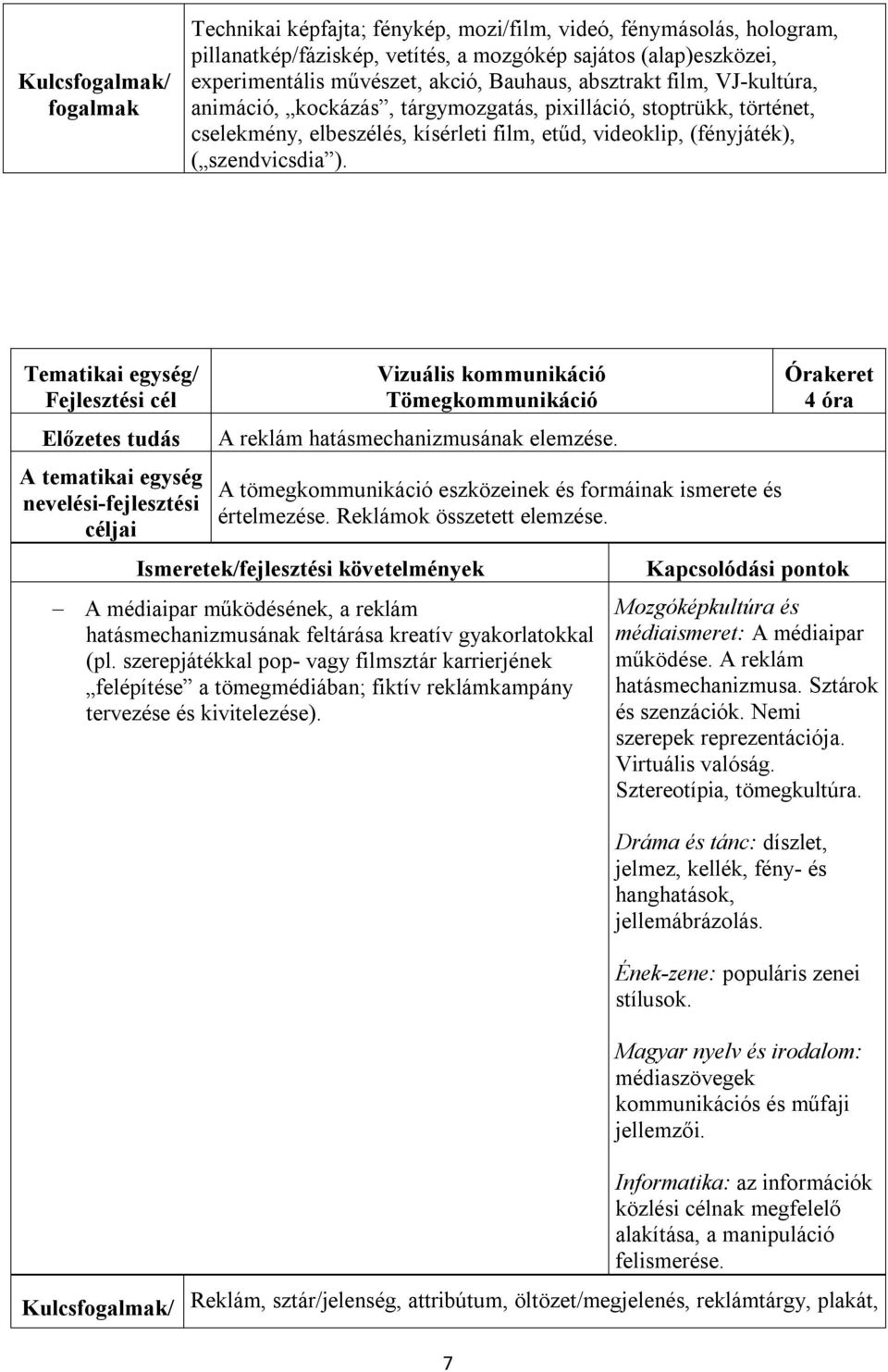 Vizuális kommunikáció Tömegkommunikáció A reklám hatásmechanizmusának elemzése. A tömegkommunikáció eszközeinek és formáinak ismerete és értelmezése. Reklámok összetett elemzése.