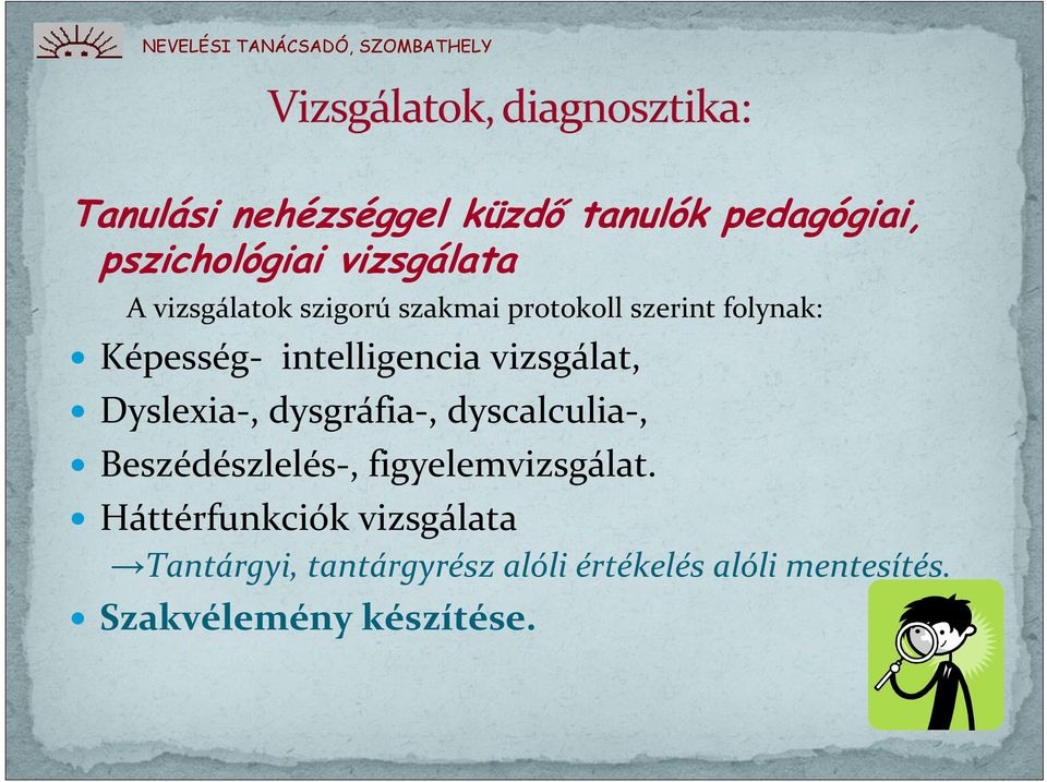 Dyslexia-, dysgráfia-, dyscalculia-, Beszédészlelés-, figyelemvizsgálat.