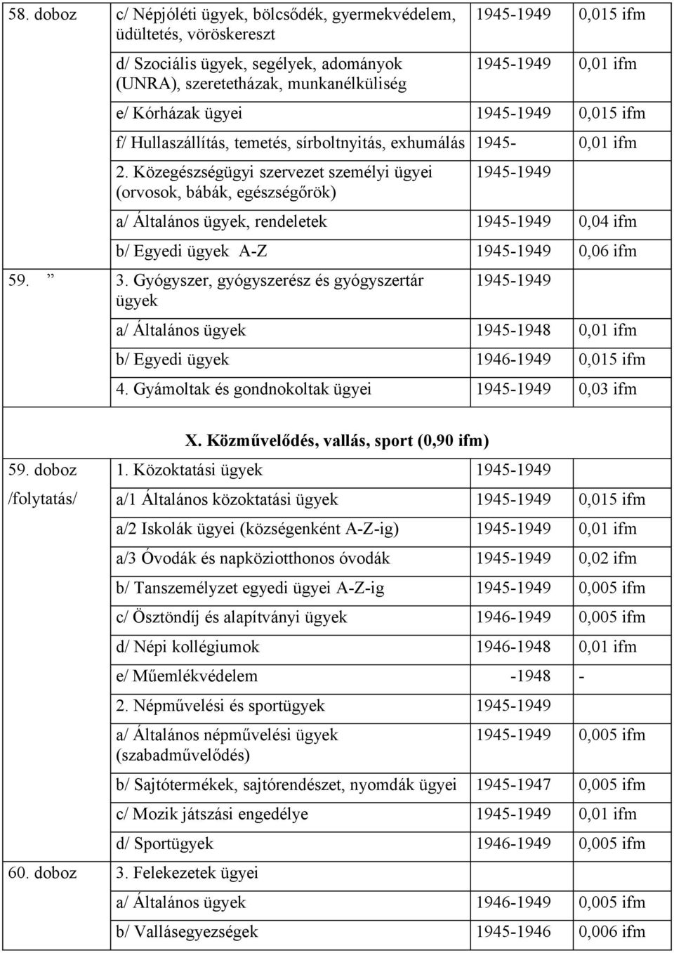 Közegészségügyi szervezet személyi ügyei (orvosok, bábák, egészségőrök) 1945-1949 a/ Általános ügyek, rendeletek 1945-1949 0,04 ifm b/ Egyedi ügyek A-Z 1945-1949 0,06 ifm 59. 3.