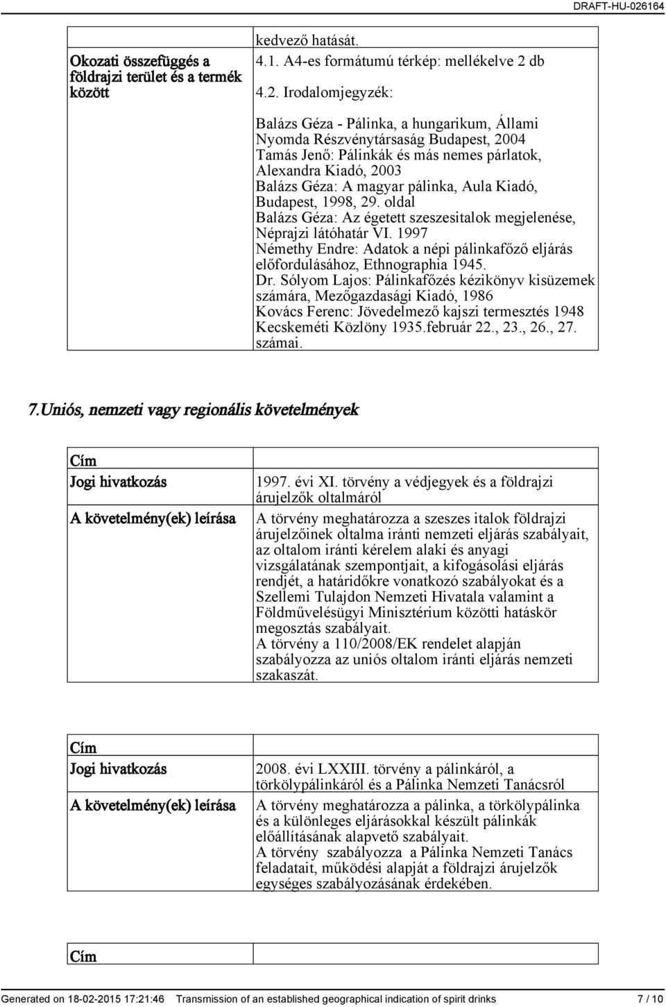 Irodalomjegyzék: Balázs Géza - Pálinka, a hungarikum, Állami Nyomda Részvénytársaság Budapest, 2004 Tamás Jenő: Pálinkák és más nemes párlatok, Alexandra Kiadó, 2003 Balázs Géza: A magyar pálinka,