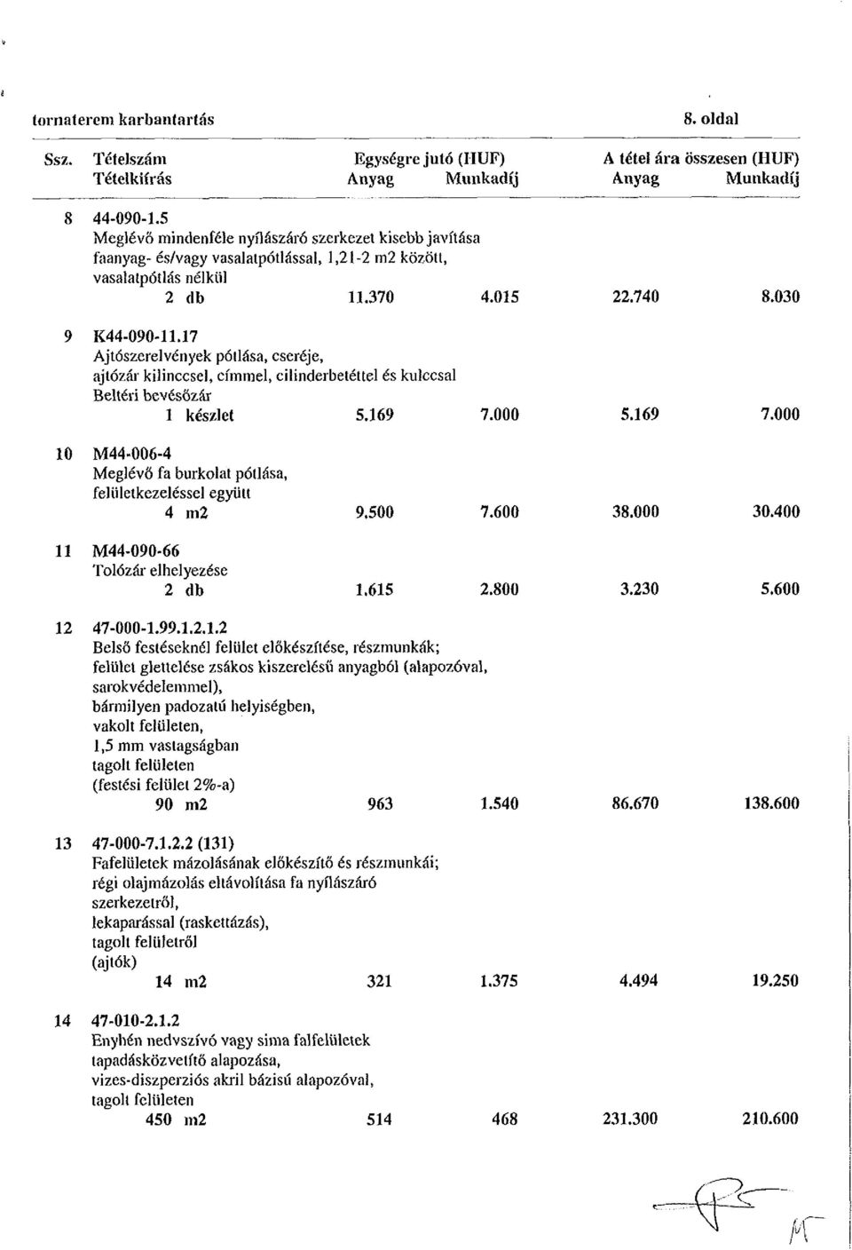 17 Ajtószerelvények pótlása, cseréje, ajtózái' kilinccsel, címmel, cilinderbetéttel és kulccsal Beltéri bevésőzár 1 készlet 5.169 7.