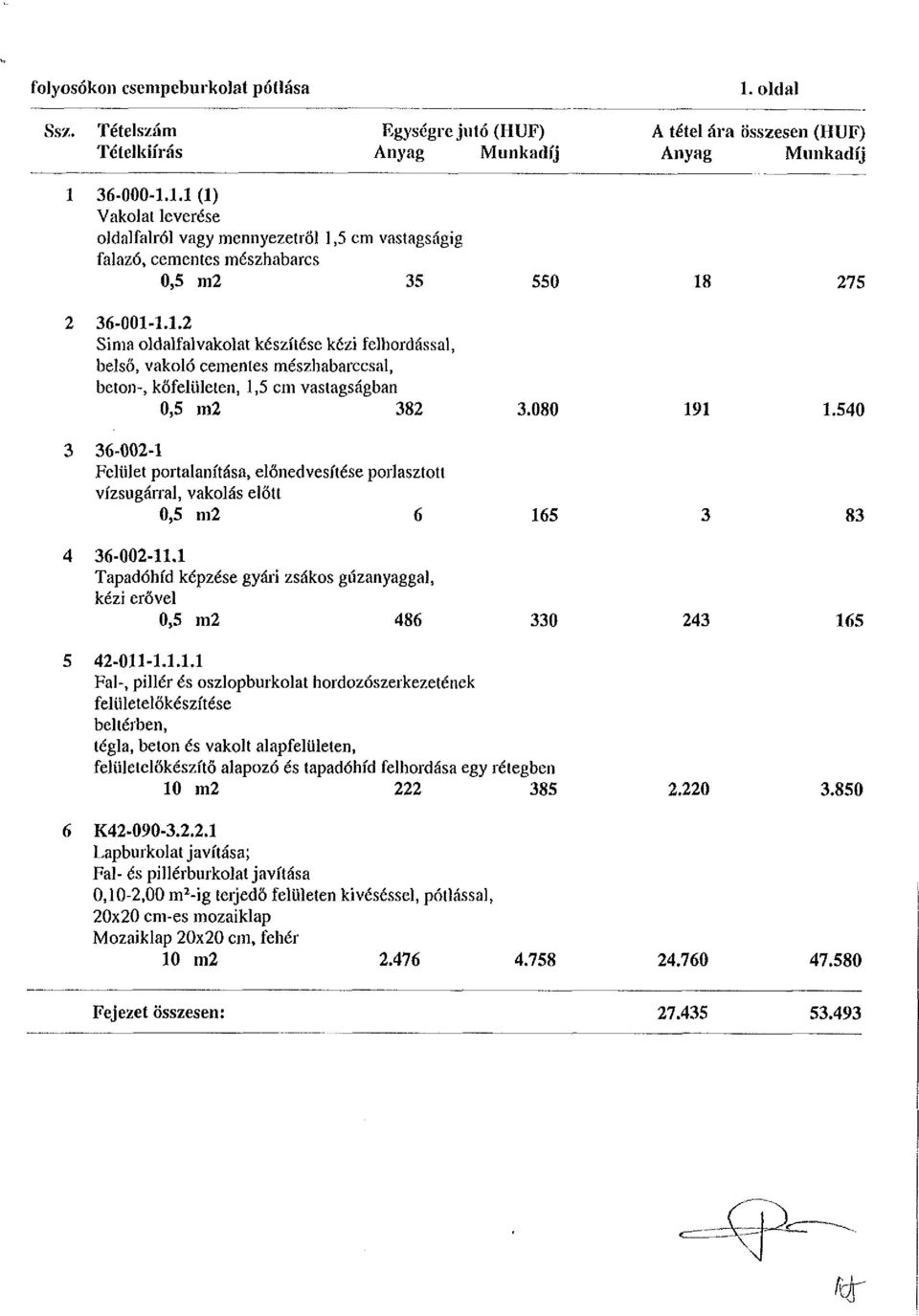 540 3 36-002-1 Felület portalanítása, előnedvesítése porlasztott vízsugárral, vakolás előtt 0,5 m2 6 165 83 4 36-002-11.