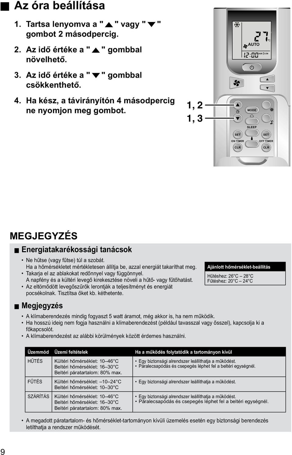 1, 2 1, 3 P1 P2 F C AUTO AM ON PM OFF MODE SLEEP ON TIMER OFF TIMER MEGJEGYZÉS Energiatakarékossági tanácsok Ne hűtse (vagy fűtse) túl a szobát.