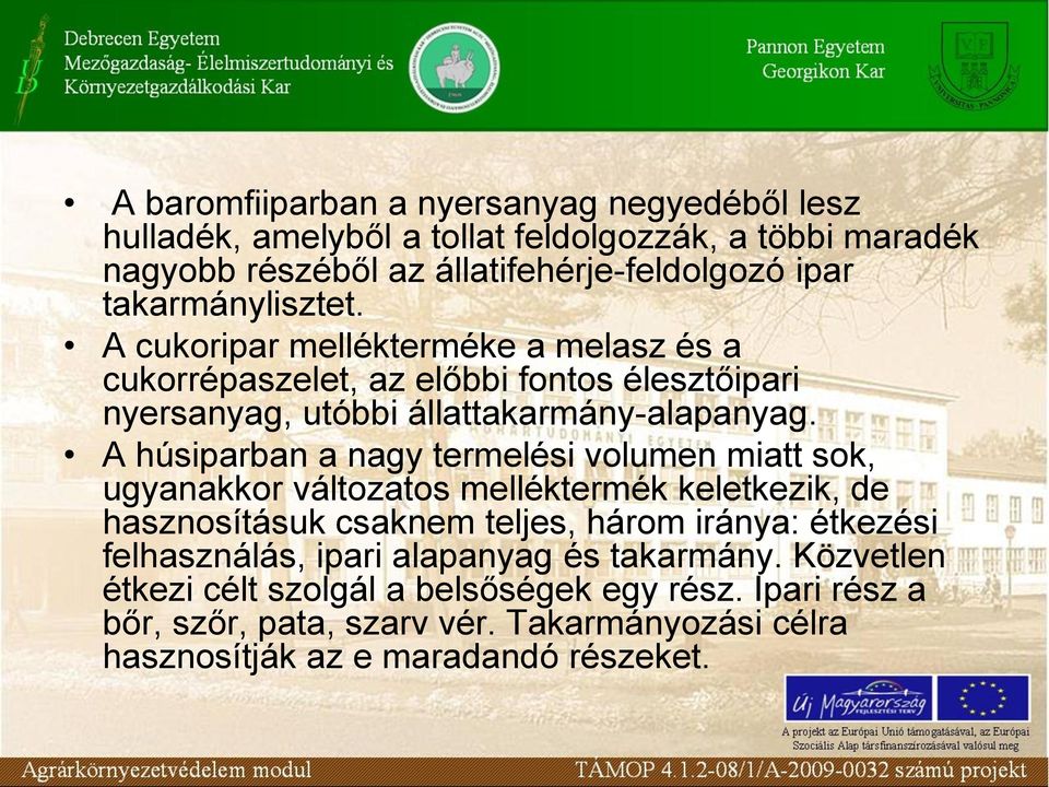 A húsiparban a nagy termelési volumen miatt sok, ugyanakkor változatos melléktermék keletkezik, de hasznosításuk csaknem teljes, három iránya: étkezési