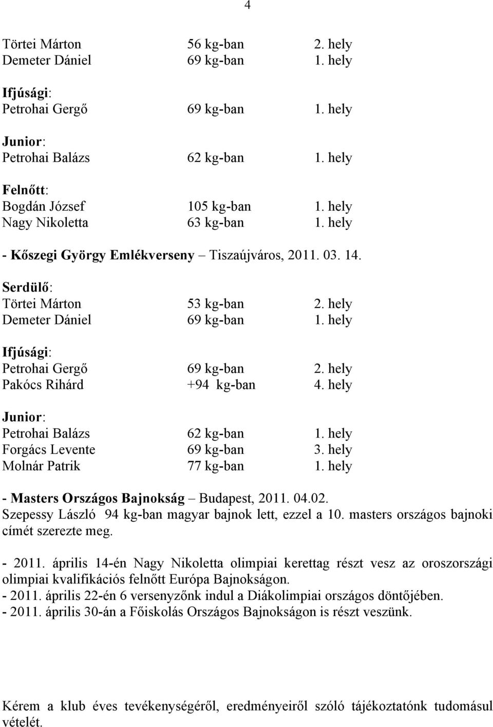 hely Pakócs Rihárd +94 kg-ban 4. hely Petrohai Balázs 62 kg-ban 1. hely Forgács Levente 69 kg-ban 3. hely Molnár Patrik 77 kg-ban 1. hely - Masters Országos Bajnokság Budapest, 2011. 04.02.