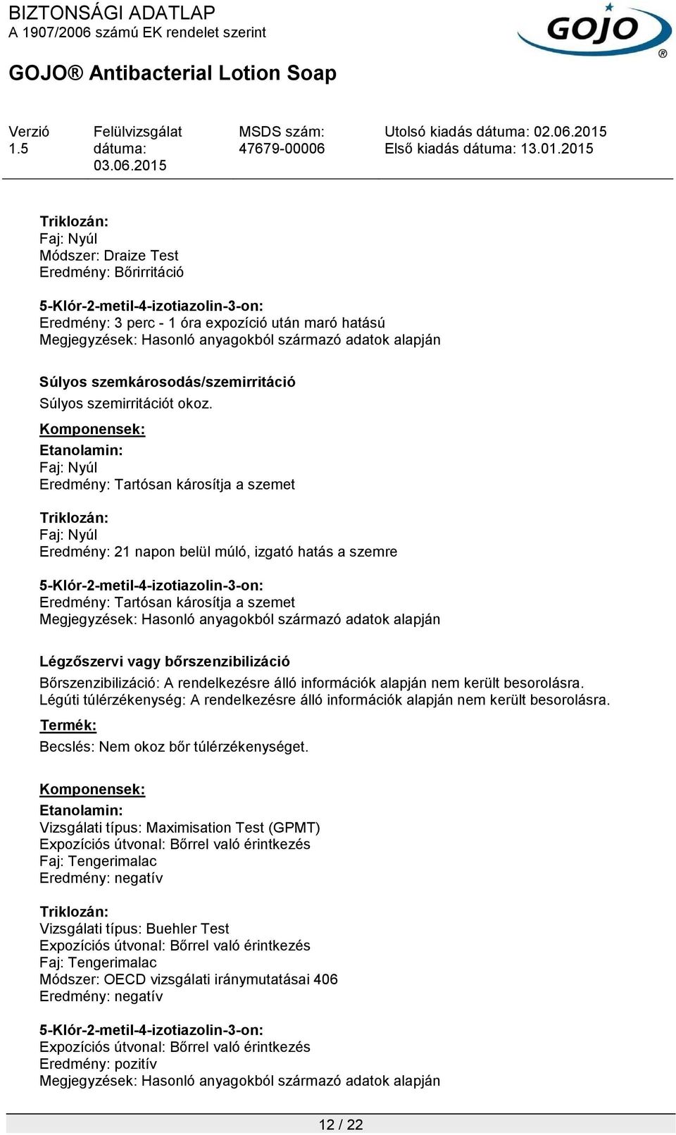 adatok alapján Súlyos szemkárosodás/szemirritáció Súlyos szemirritációt okoz.