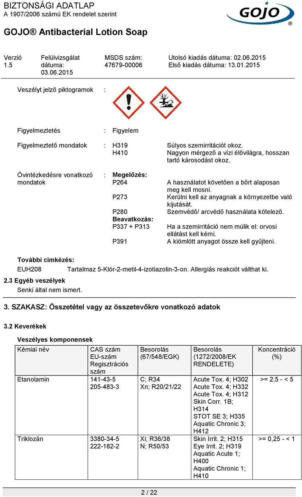 Óvintézkedésre vonatkozó mondatok : Megelőzés: P264 P273 P280 Beavatkozás: P337 + P313 P391 A használatot követően a bőrt alaposan meg kell mosni.
