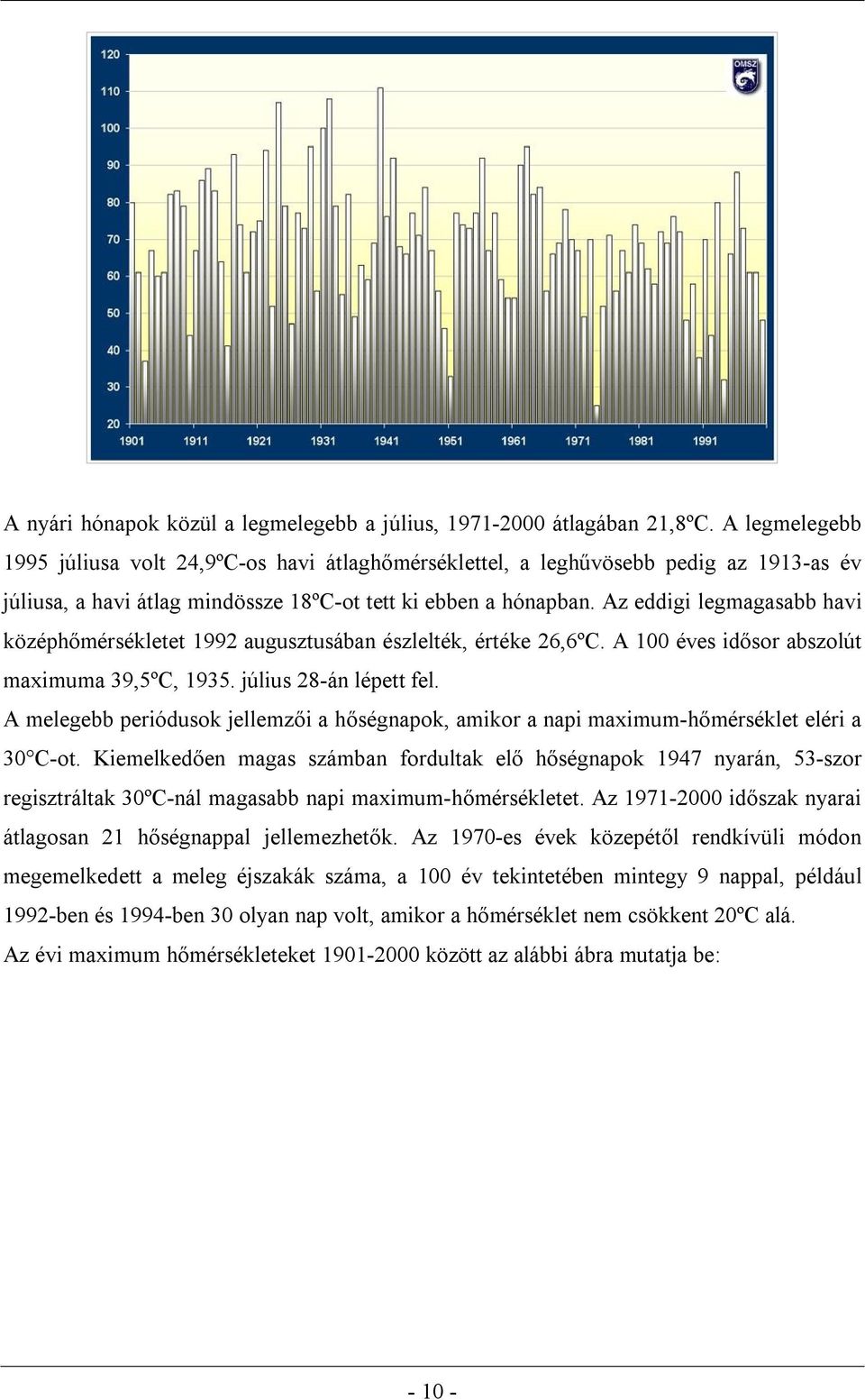 Az eddigi legmagasabb havi középhőmérsékletet 1992 augusztusában észlelték, értéke 26,6ºC. A 100 éves idősor abszolút maximuma 39,5ºC, 1935. július 28-án lépett fel.