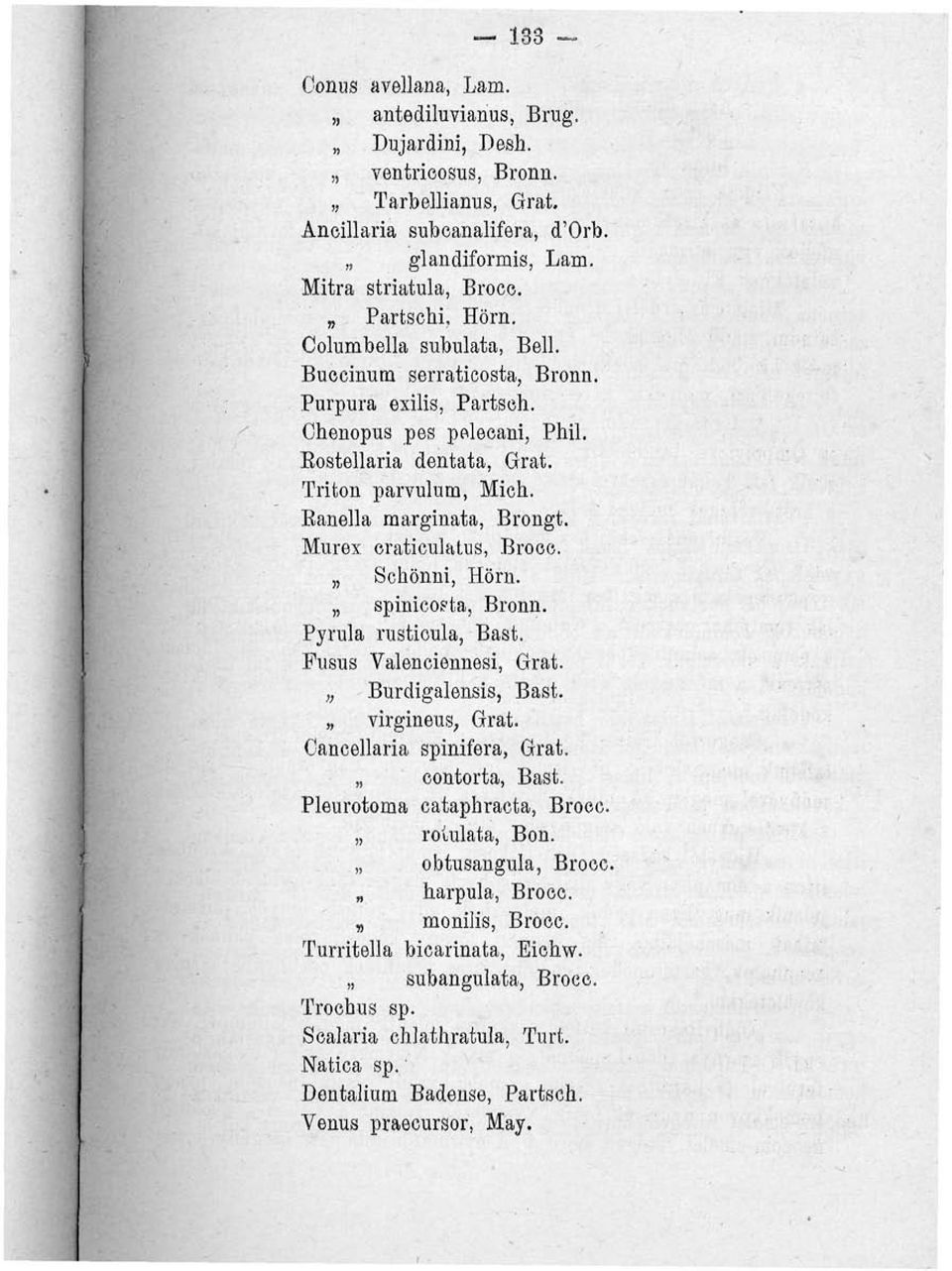 Murex oraticulatus, Broce. Schönni, Horn. spinicofta, Bronn. Pyrula rustioula, Bast. Fusus Valenciennesi, Grat. Burdigalensis, Bast. virgineus, Grat. Canoellaria spinifera, Grat. contorta, Bast.