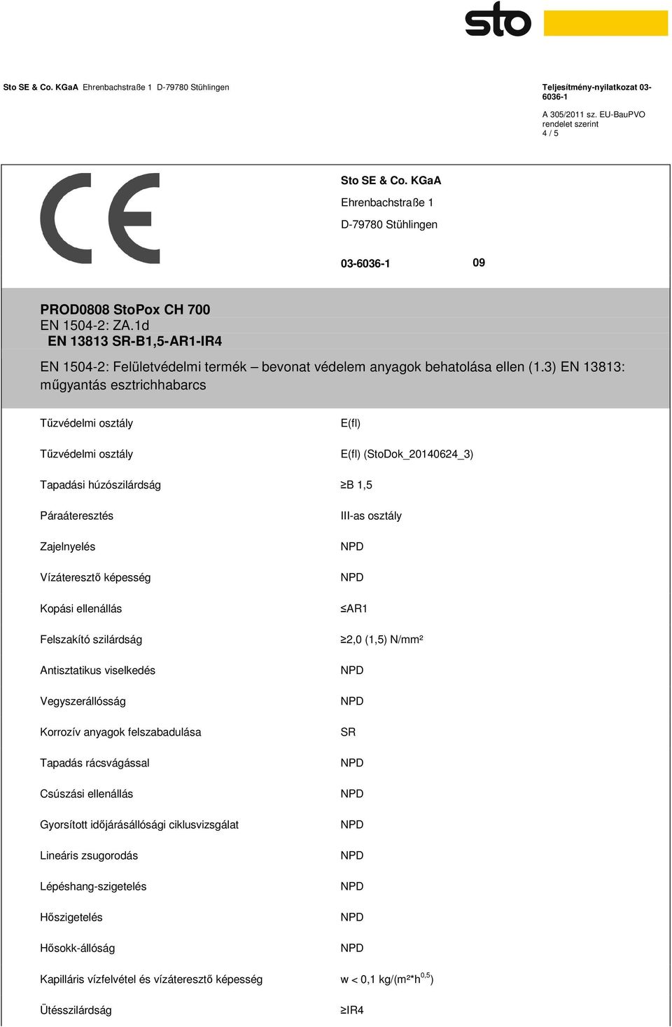 3) EN 13813: műgyantás esztrichhabarcs Tűzvédelmi osztály Tűzvédelmi osztály E(fl) E(fl) (StoDok_20140624_3) Tapadási húzószilárdság B 1,5 Páraáteresztés Zajelnyelés Vízáteresztő képesség Kopási