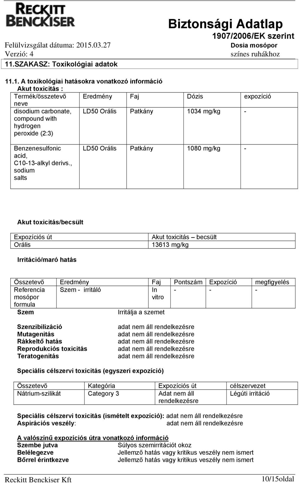 , sodium salts LD50 Orális Patkány 1080 mg/kg - Akut toxicitás/becsült Expozíciós út Orális Akut toxicitás becsült 13613 mg/kg Irritáció/maró hatás Összetevő Eredmény Faj Pontszám Expozíció
