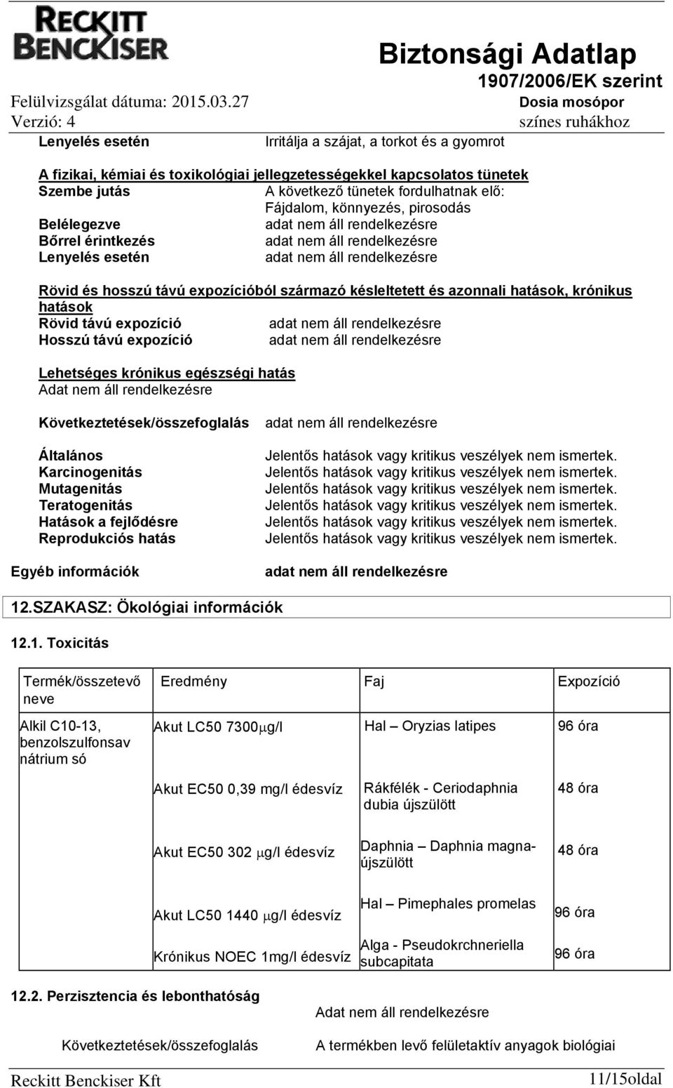 expozíció Lehetséges krónikus egészségi hatás Adat nem áll rendelkezésre Következtetések/összefoglalás Általános Karcinogenitás Mutagenitás Teratogenitás Hatások a fejlődésre Reprodukciós hatás Egyéb