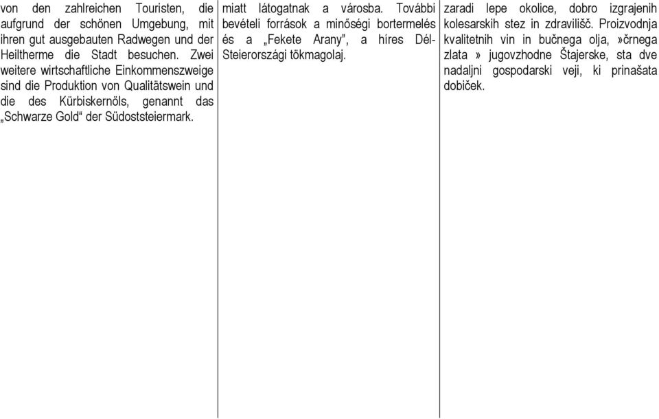 miatt látogatnak a városba. További bevételi források a minıségi bortermelés és a Fekete Arany, a híres Dél- Steierországi tökmagolaj.