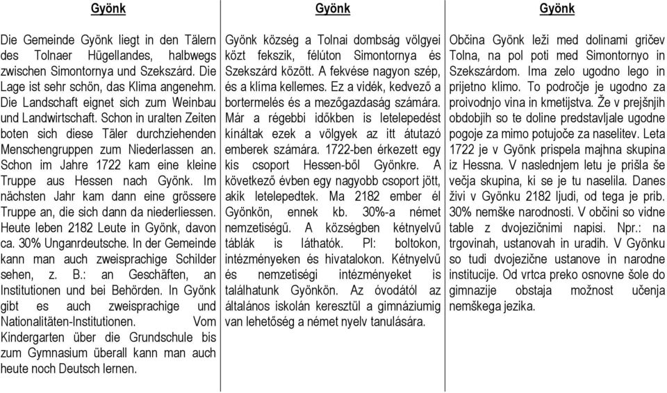 Schon im Jahre 1722 kam eine kleine Truppe aus Hessen nach Gyönk. Im nächsten Jahr kam dann eine grössere Truppe an, die sich dann da niederliessen. Heute leben 2182 Leute in Gyönk, davon ca.