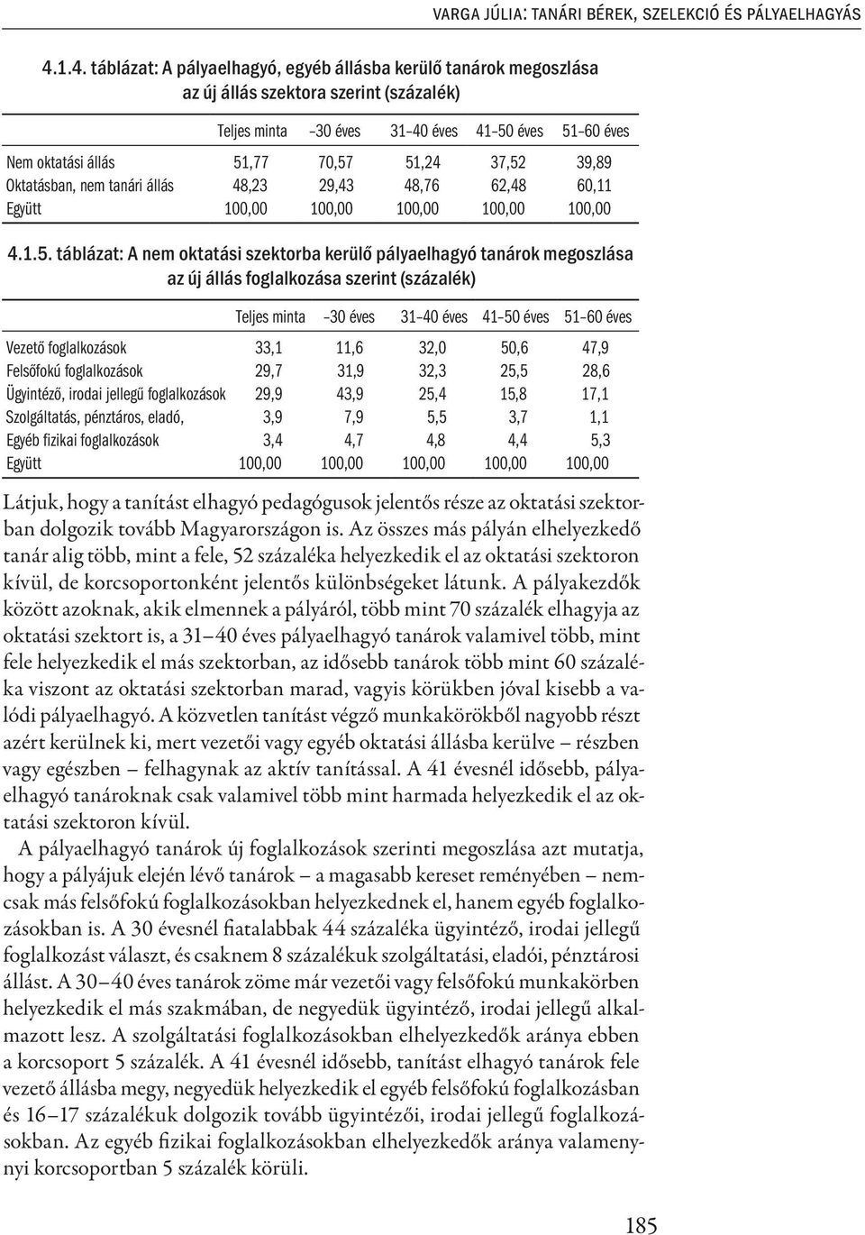 az új állás foglalkozása szerint (százalék) Varga Júlia: Tanári bérek, szelekció és pályaelhagyás Teljes minta 30 éves 31 40 éves 41 50 éves 51 60 éves Vezető foglalkozások 33,1 11,6 32,0 5 47,9