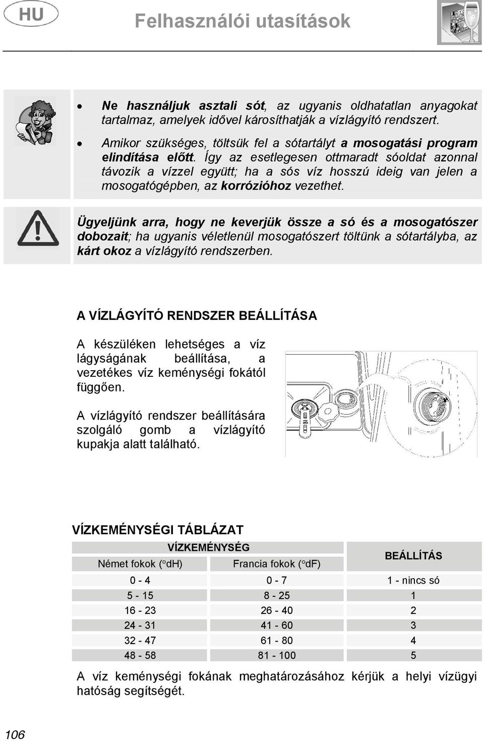 Így az esetlegesen ottmaradt sóoldat azonnal távozik a vízzel együtt; ha a sós víz hosszú ideig van jelen a mosogatógépben, az korrózióhoz vezethet.