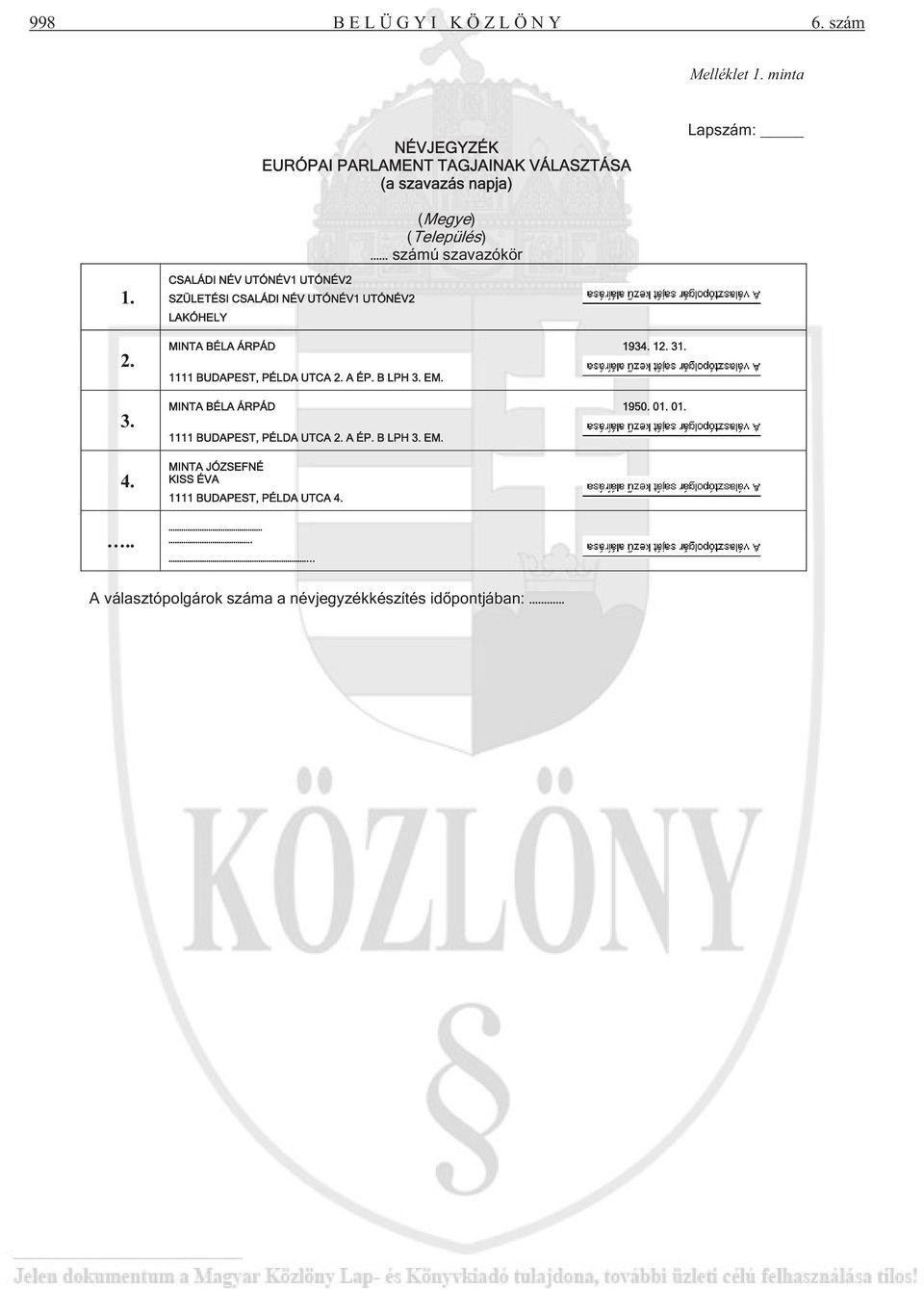 .. CSALÁDI NÉV UTÓNÉV1 UTÓNÉV2 SZÜLETÉSI CSALÁDI NÉV UTÓNÉV1 UTÓNÉV2 LAKÓHELY MINTA BÉLA ÁRPÁD 1934. 12. 31.
