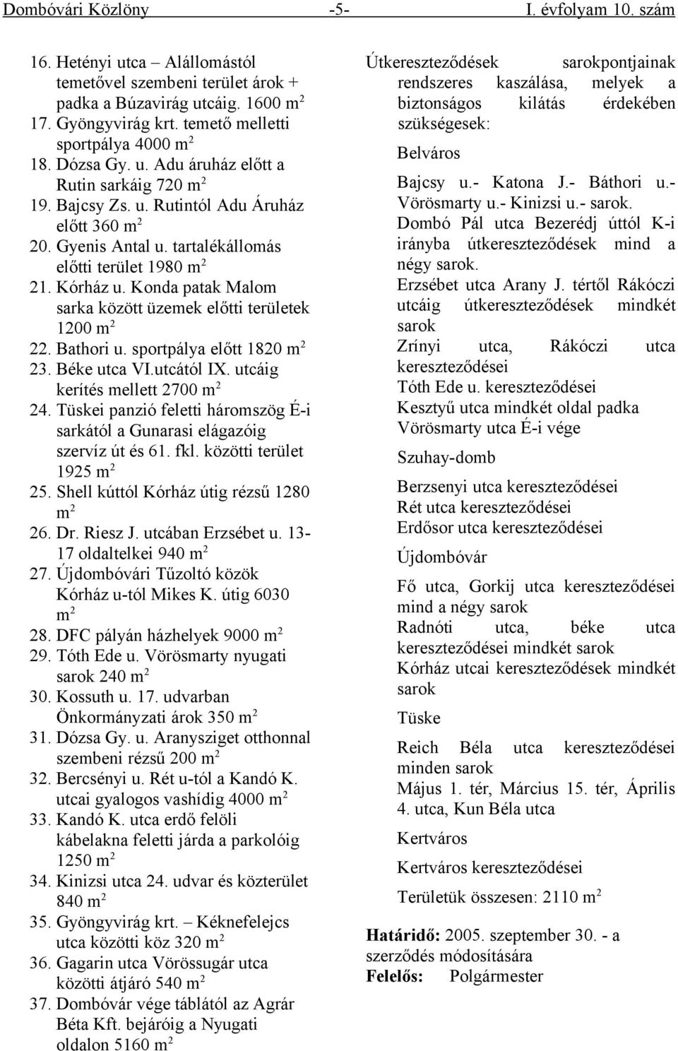 tartalékállomás előtti terület 1980 m 2 21. Kórház u. Konda patak Malom sarka között üzemek előtti területek 1200 m 2 22. Bathori u. sportpálya előtt 1820 m 2 23. Béke utca VI.utcától IX.