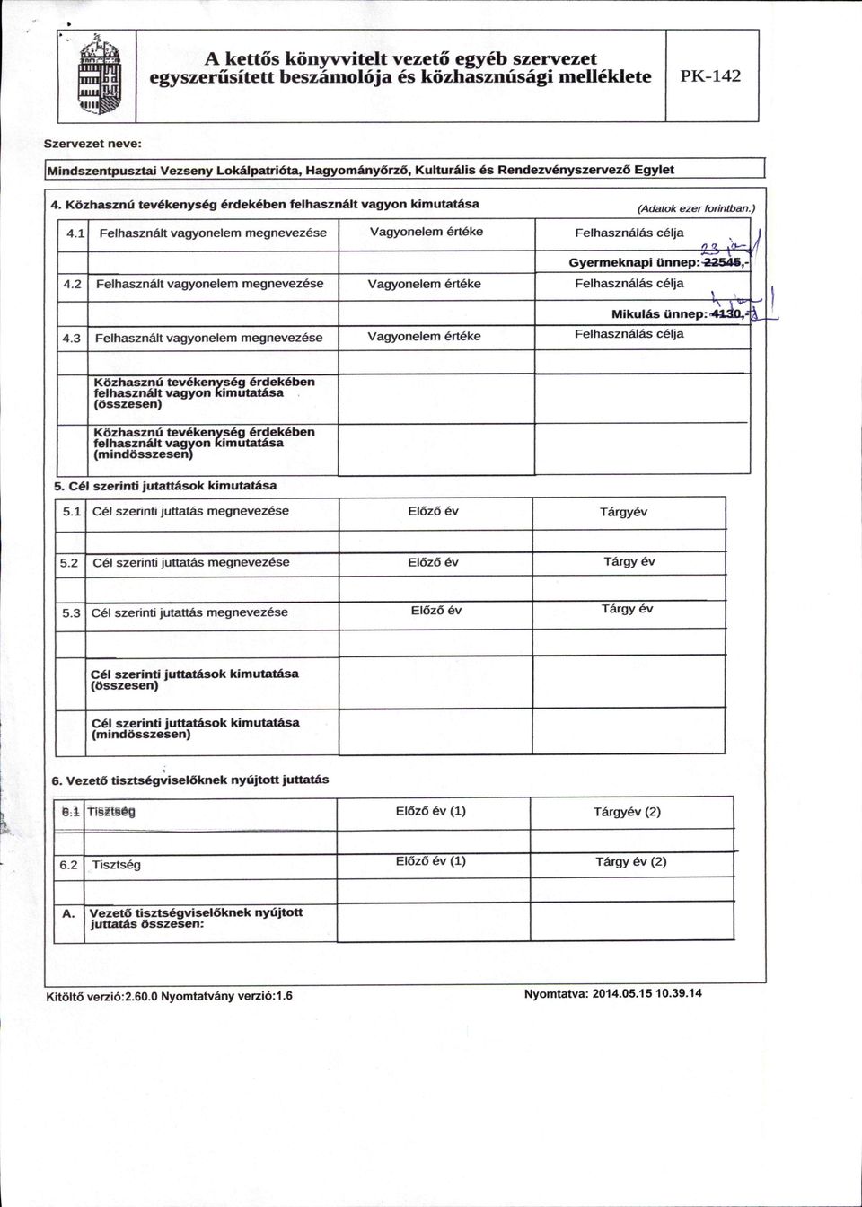 tevékenység érdekében felhasznált vagyon kimutatása (összesen) Közhasznú tevékenység érdekében felhasznált vagyon kimutatása (mindösszesen) 5 Cél szerinti jutattások kimutatása 51 Cél szerinti