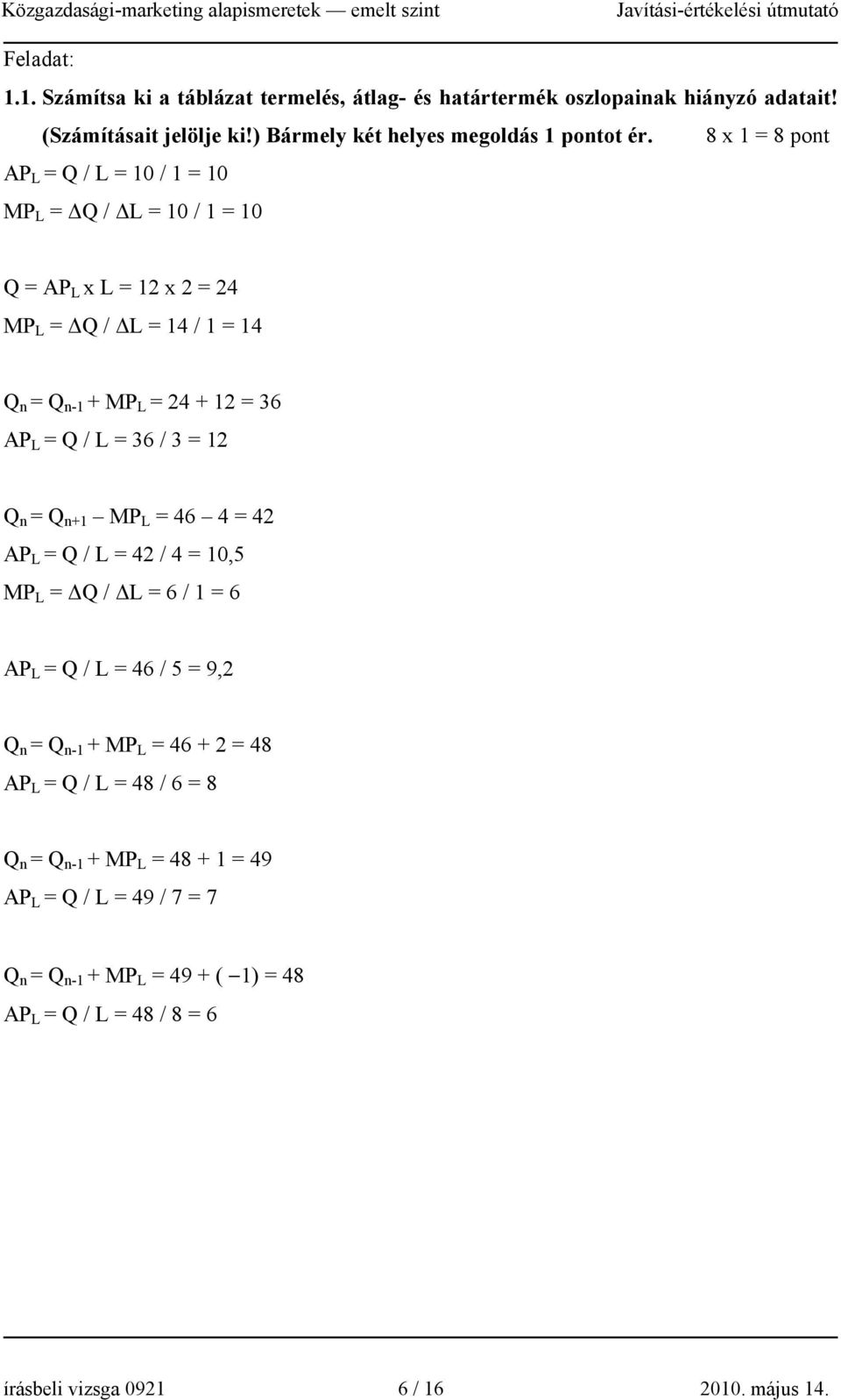 / L = 36 / 3 = 12 Q n = Q n+1 MP L = 46 4 = 42 AP L = Q / L = 42 / 4 = 10,5 MP L = ΔQ / ΔL = 6 / 1 = 6 AP L = Q / L = 46 / 5 = 9,2 Q n = Q n-1 + MP L = 46 + 2 = 48 AP L =