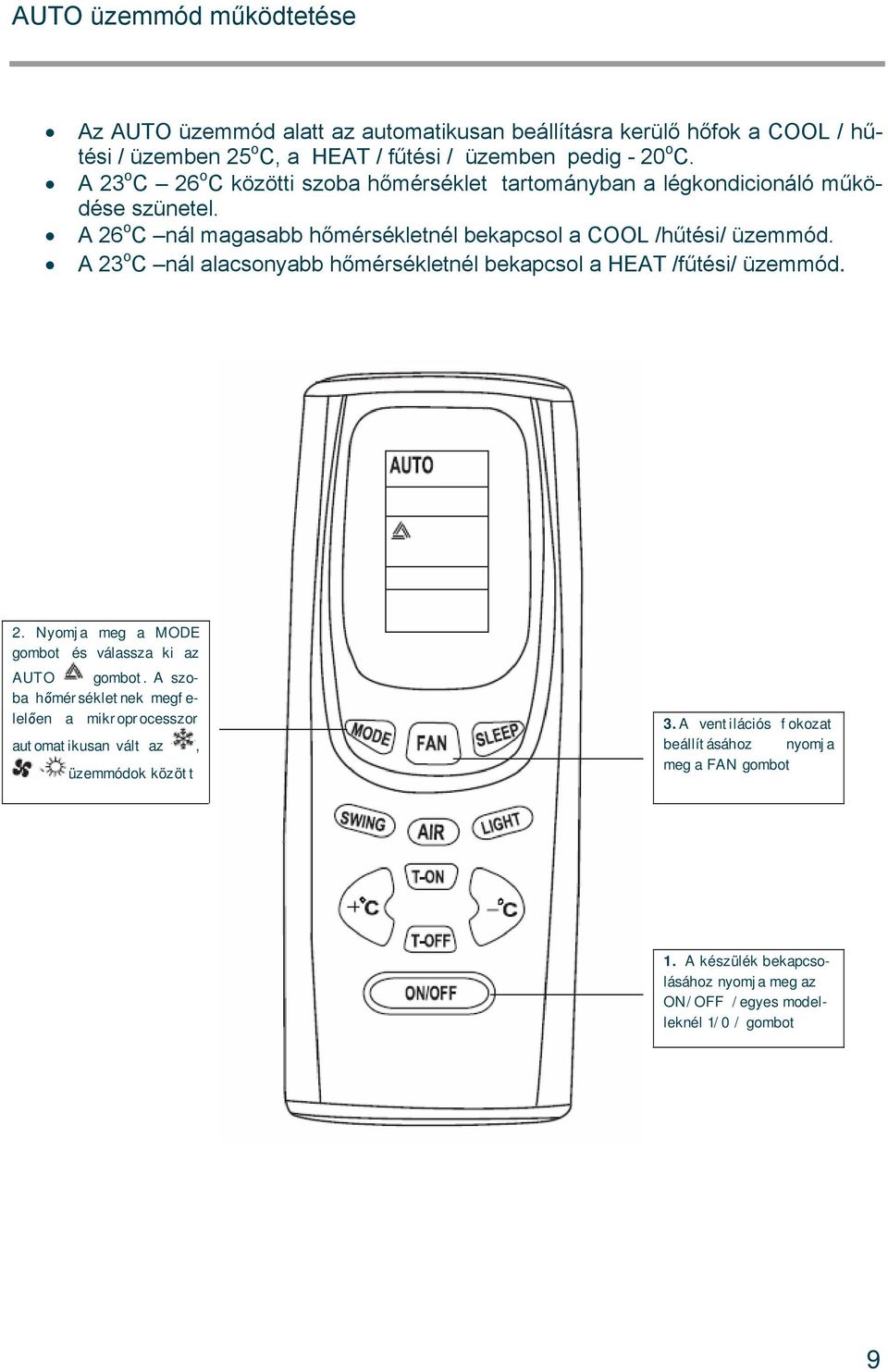 A 23 o C nál alacsonyabb hőmérsékletnél bekapcsol a HEAT /fűtési/ üzemmód. 2. Nyomja meg a MODE gombot és válassza ki az AUTO gombot.