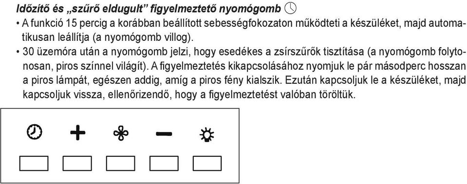 30 üzemóra után a nyomógomb jelzi, hogy esedékes a zsírszűrők tisztítása (a nyomógomb folytonosan, piros színnel világít).