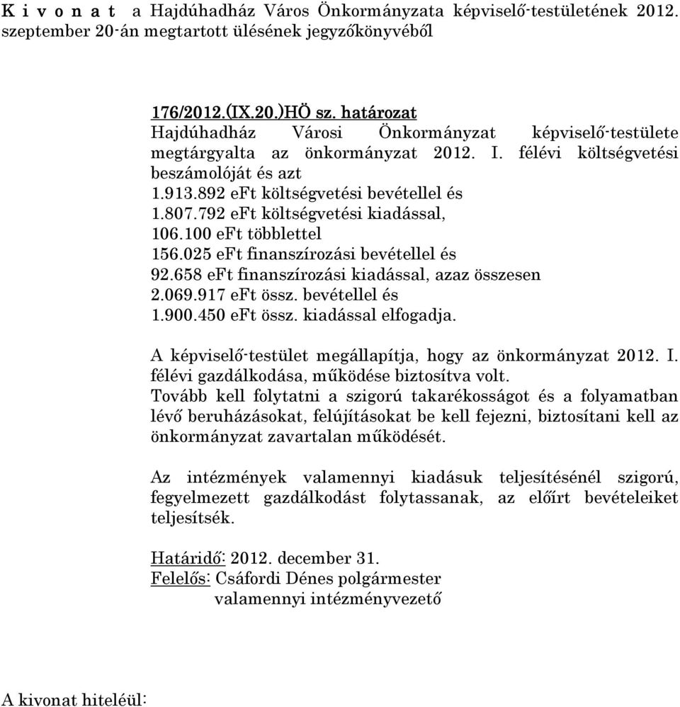 792 eft költségvetési kiadással, 106.100 eft többlettel 156.025 eft finanszírozási bevétellel és 92.658 eft finanszírozási kiadással, azaz összesen 2.069.917 eft össz. bevétellel és 1.900.